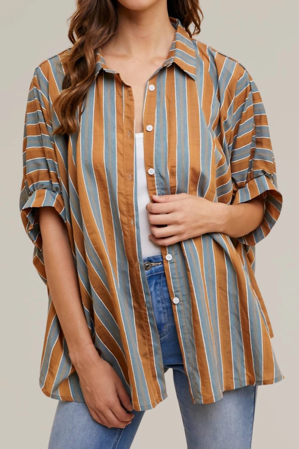 Striped Woven Button Down Top In Camel Multi
