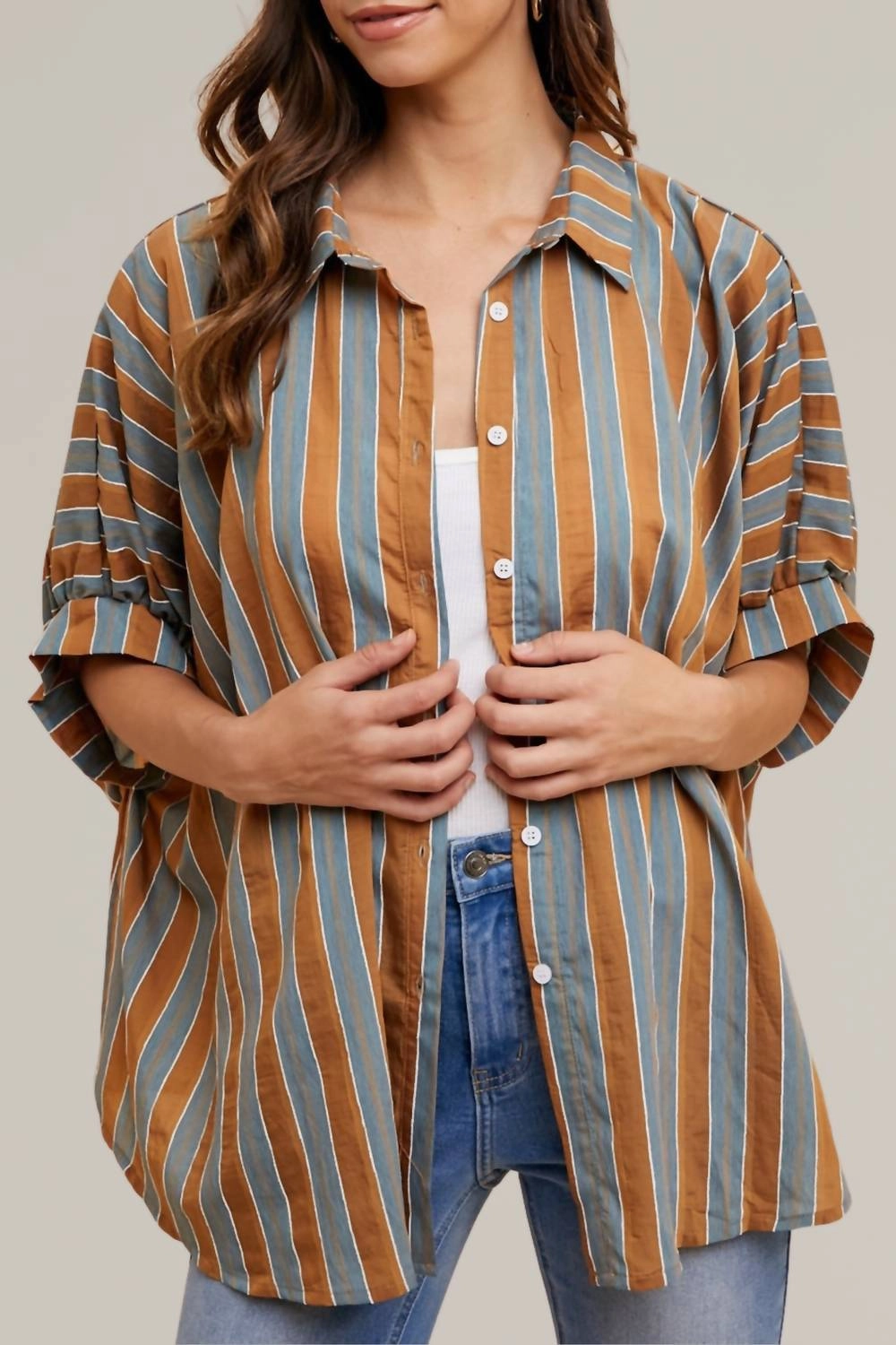 Striped Woven Button Down Top In Camel Multi