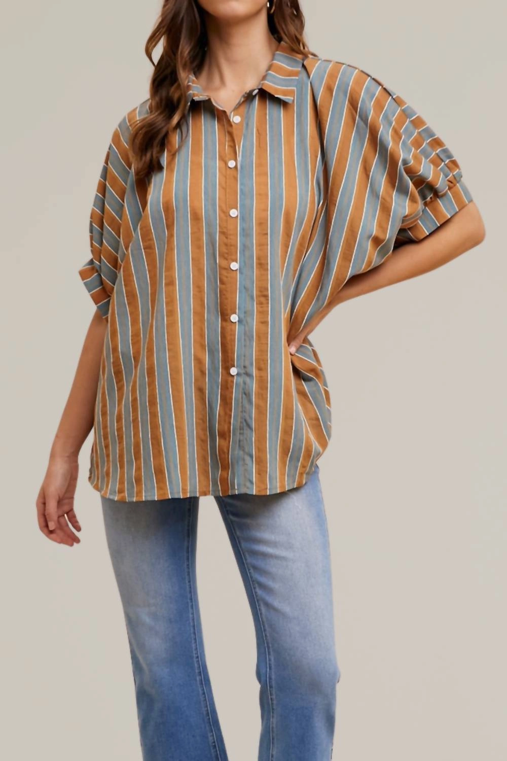 Striped Woven Button Down Top In Camel Multi