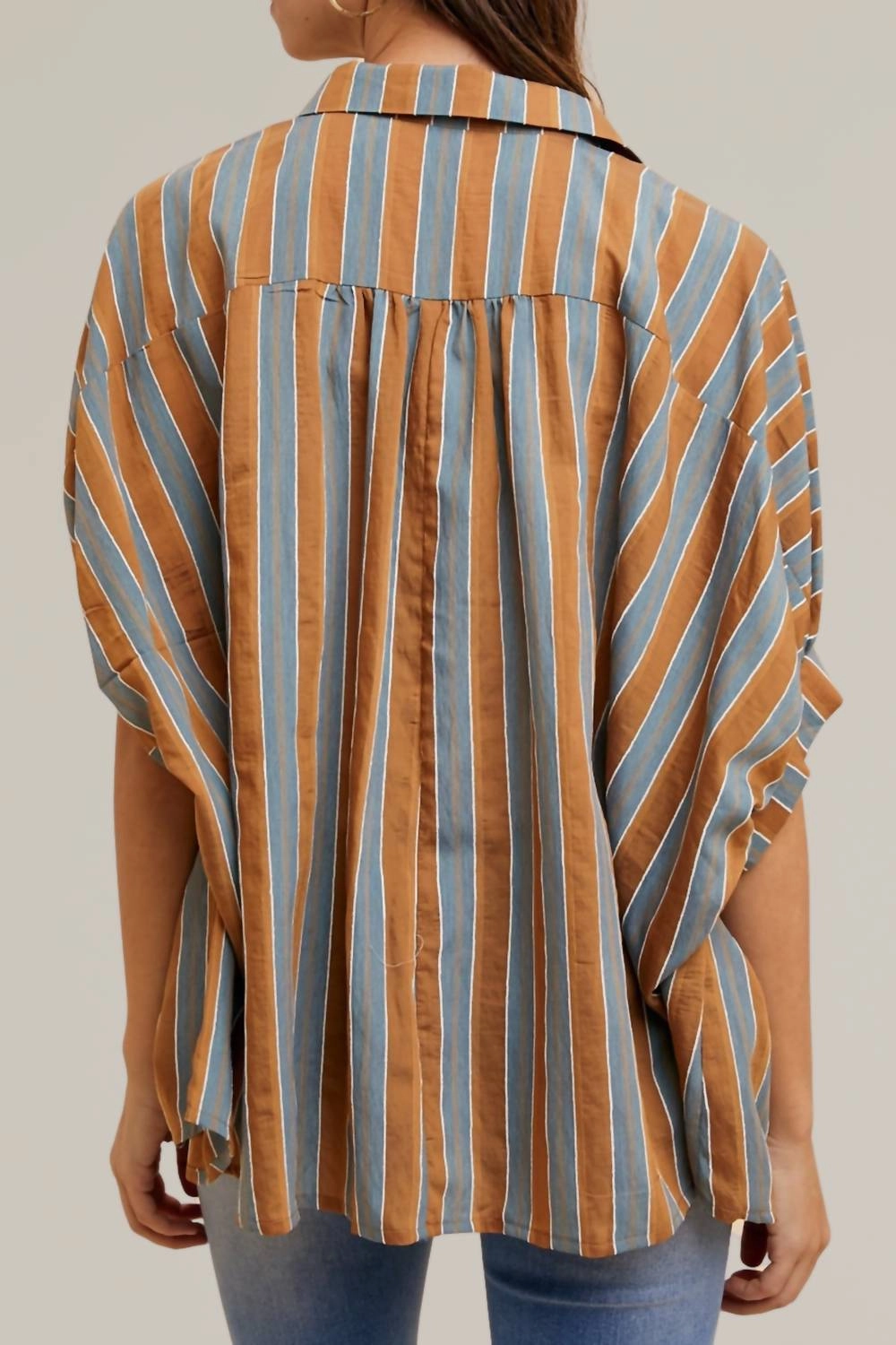 Striped Woven Button Down Top In Camel Multi
