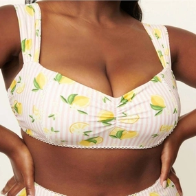 Stripes & Lemons Ruched Swim Top In Yellow Swim Womens - halter swimsuits