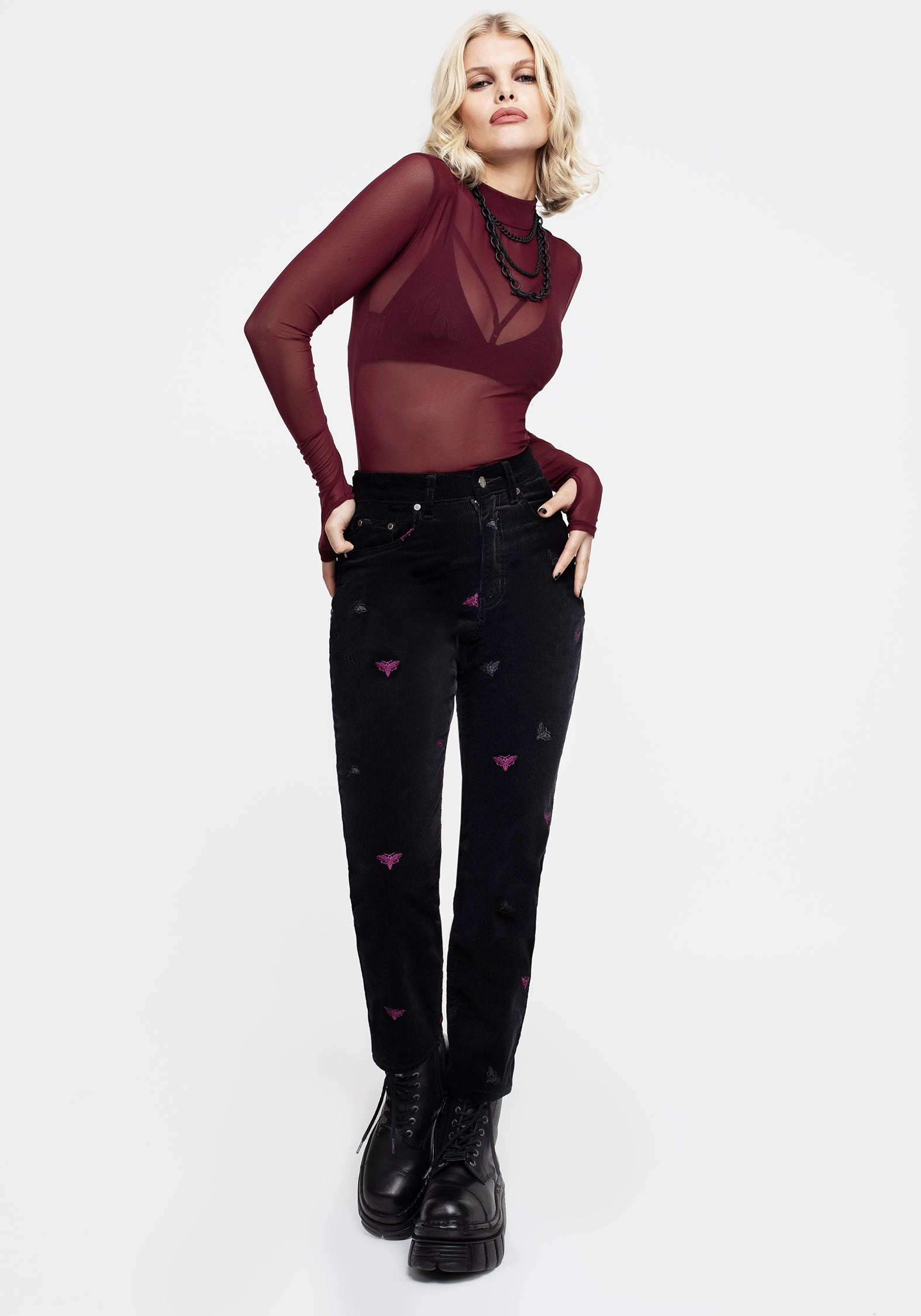 Styx Moth Embroidered Cord Trousers