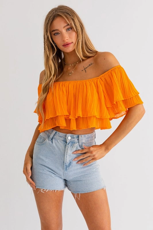 Sunset Glow Off Shoulder Ruffle Crop Top - Small