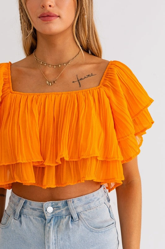 Sunset Glow Off Shoulder Ruffle Crop Top - Small