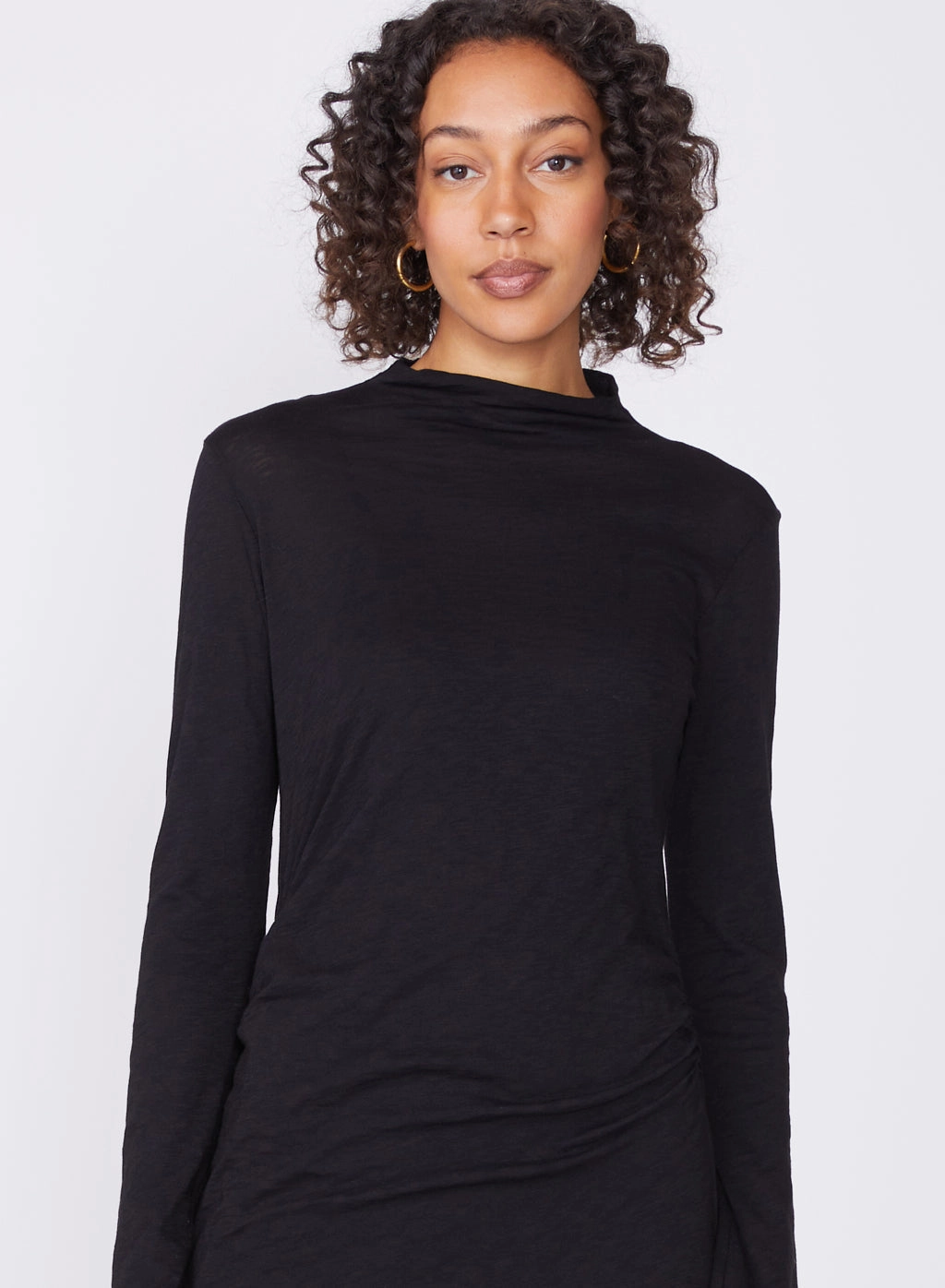 Supima Slub Long Sleeve Shirred Dress in Black