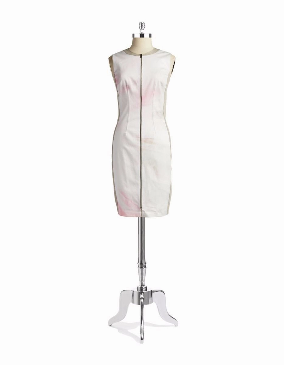 T TAHARI Women's Avani White Printed Sleeveless Front Zip Stretch Dress Sheath