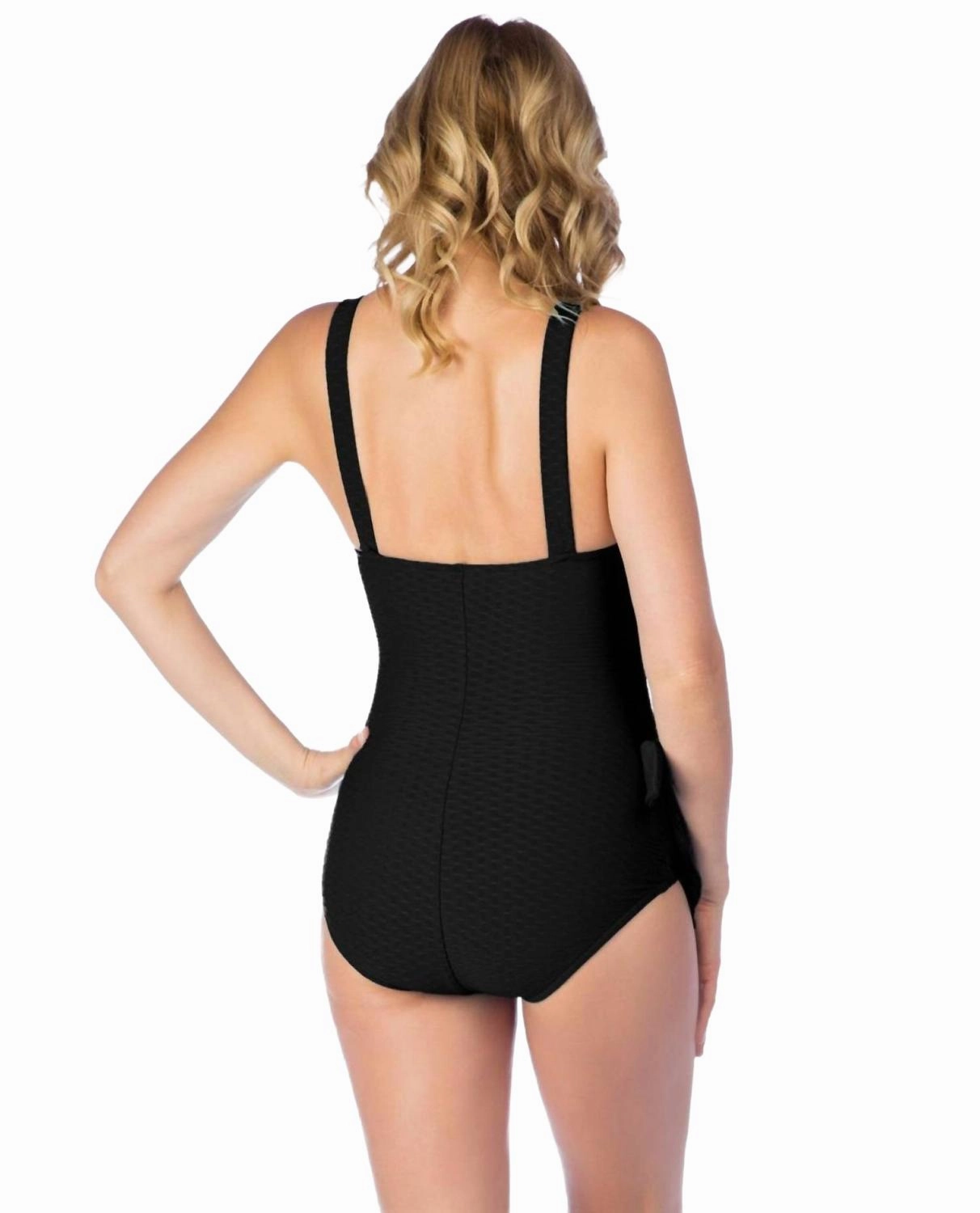 Textured Spa Shirred Front Girl Leg One Piece Swimsuit In Black