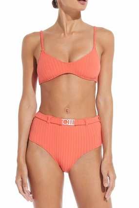 The Cora Belt Ribbed Bikini Bottom In Coral Orange Swim Womens - sling swimsuits