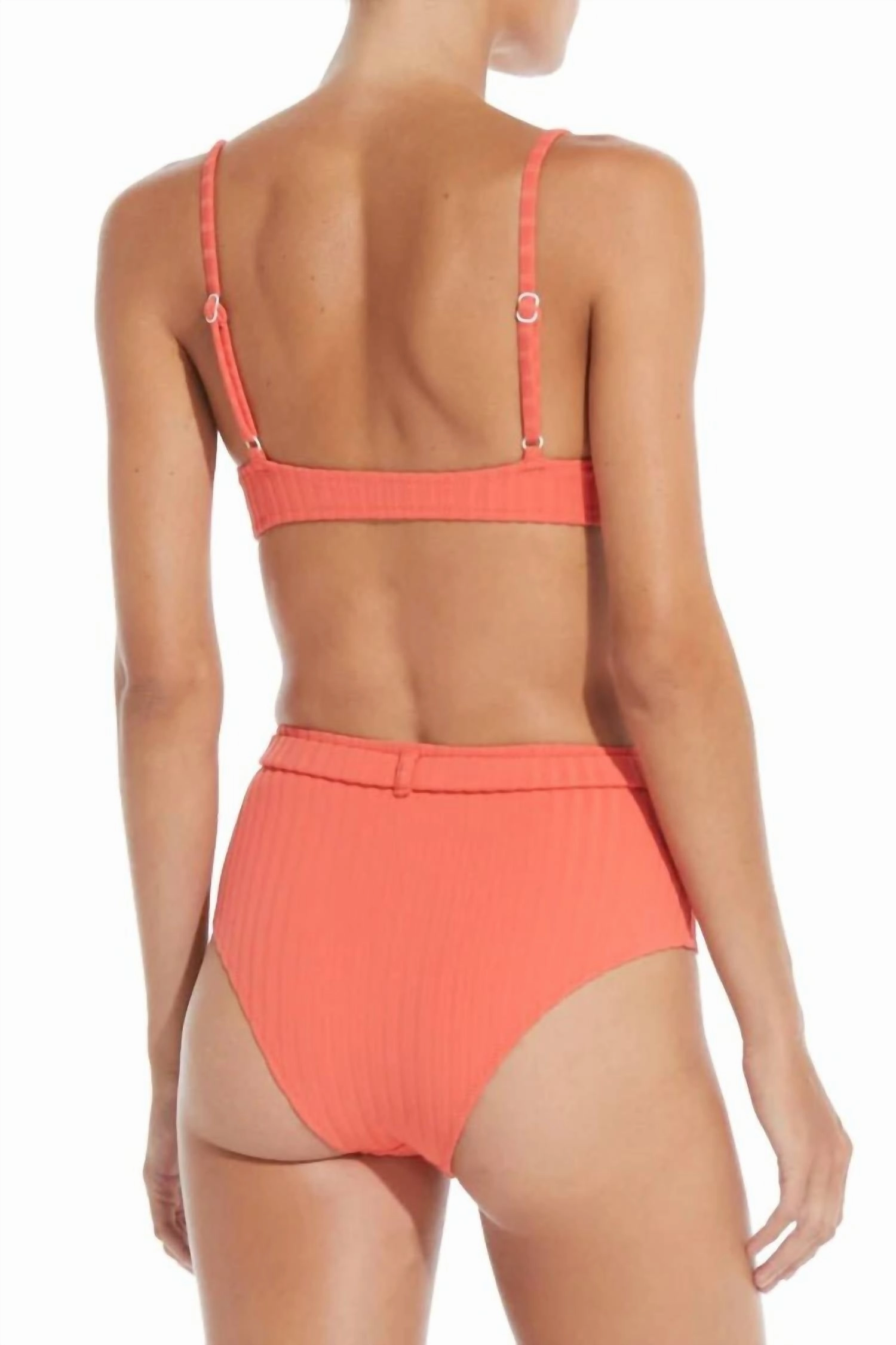 The Cora Belt Ribbed Bikini Bottom In Coral Orange