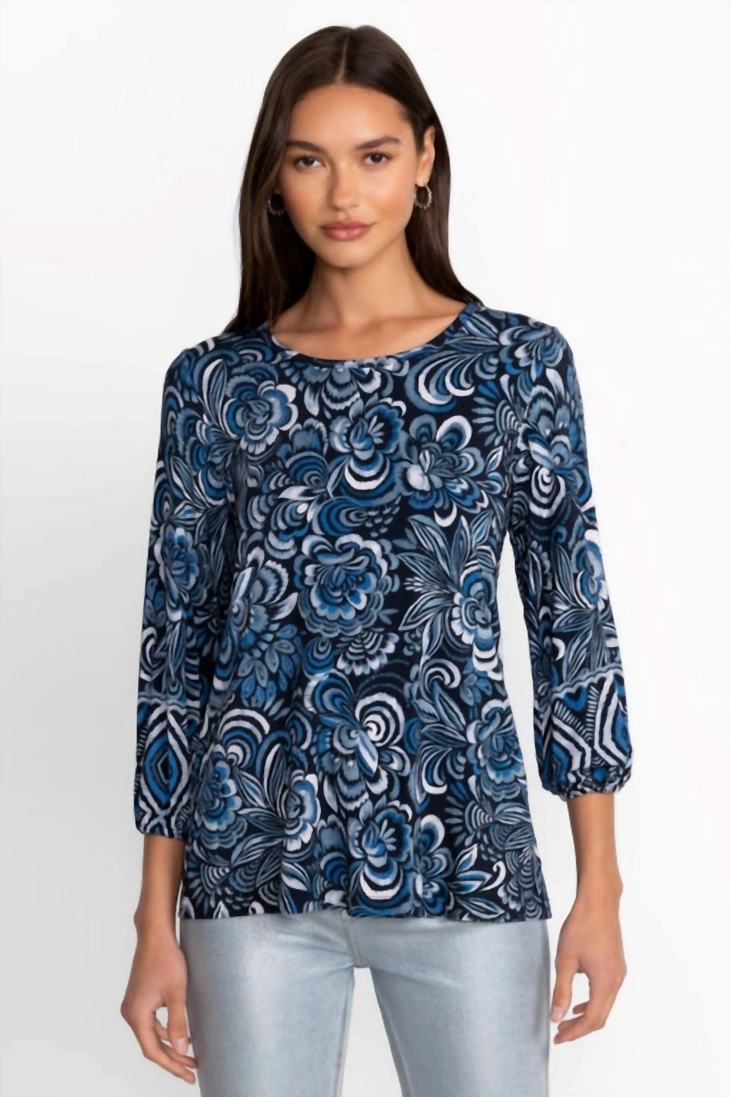 The Janie Favorite Puff Sleeve Knit Tee In Feathery Flowery