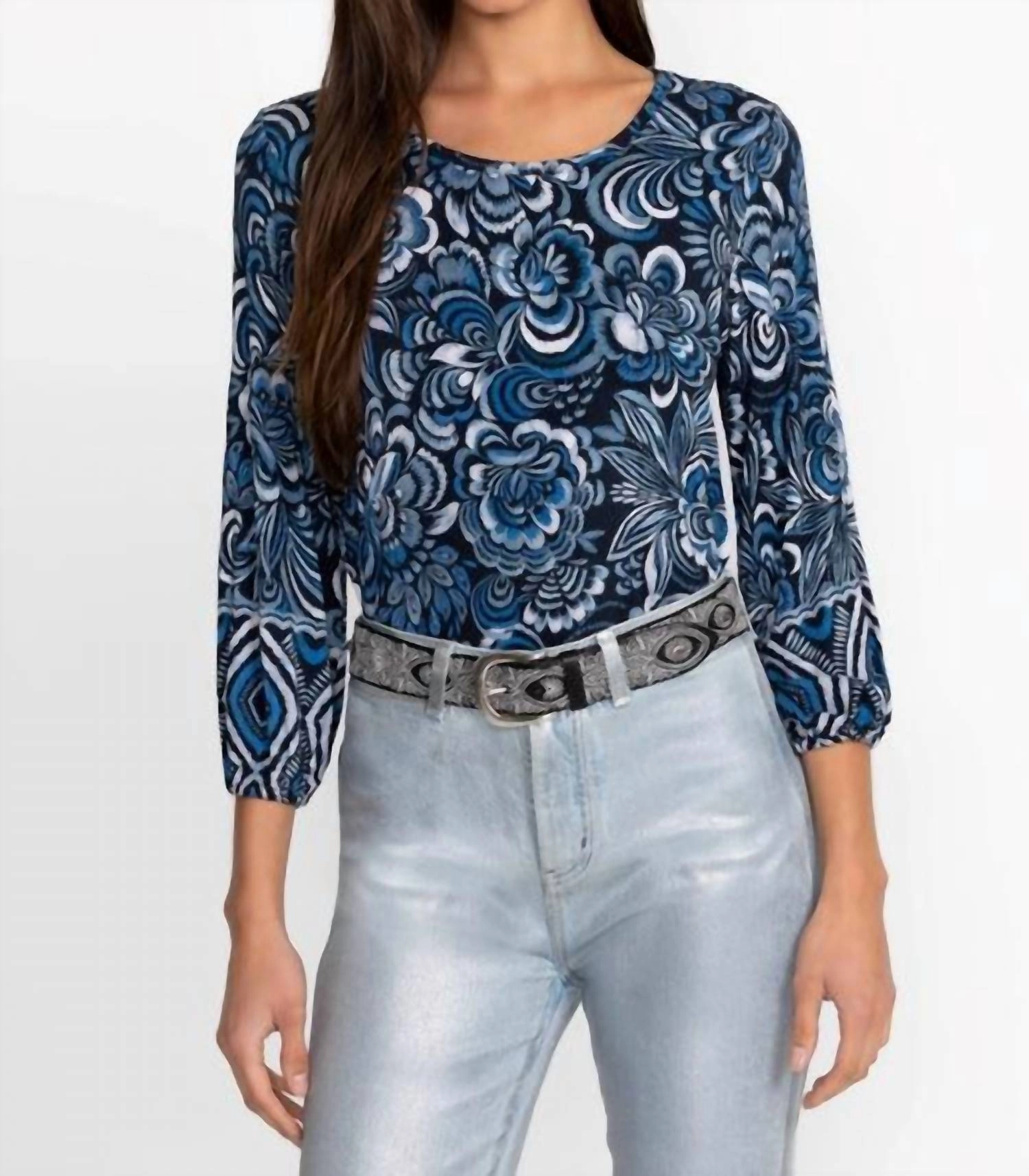 The Janie Favorite Puff Sleeve Knit Tee In Feathery Flowery