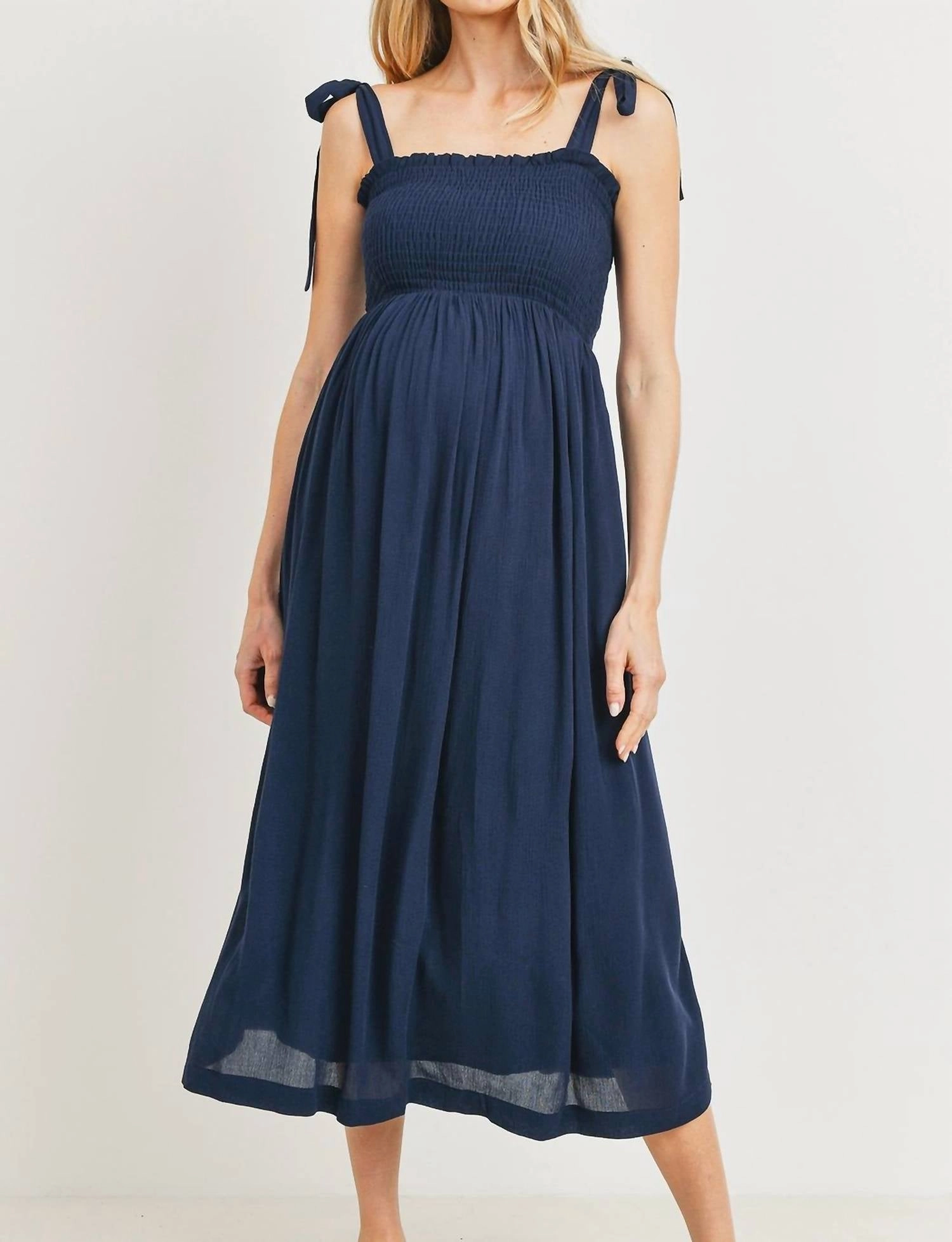 Tie Dress Smocked Maternity Midi Dress In Navy