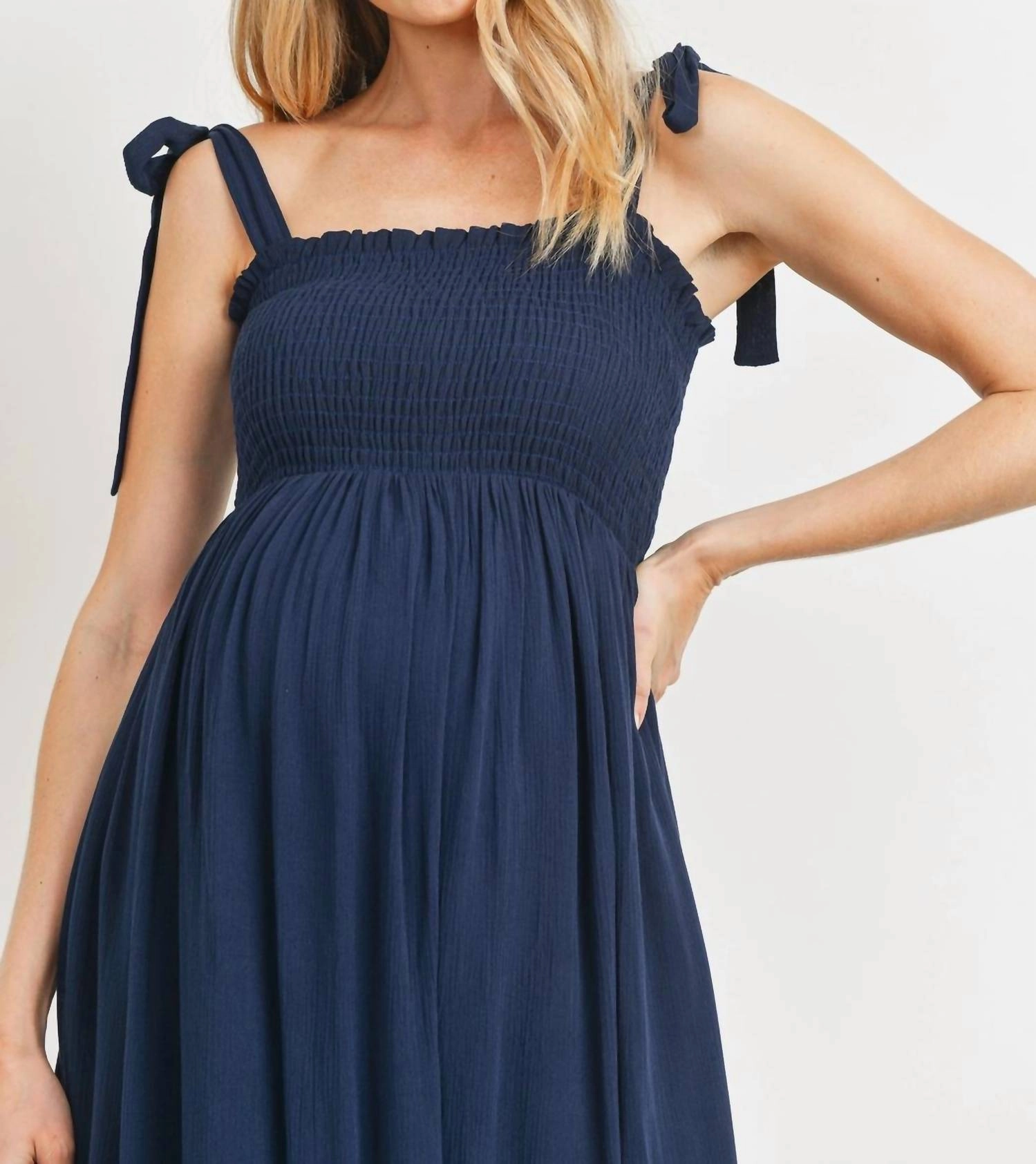 Tie Dress Smocked Maternity Midi Dress In Navy