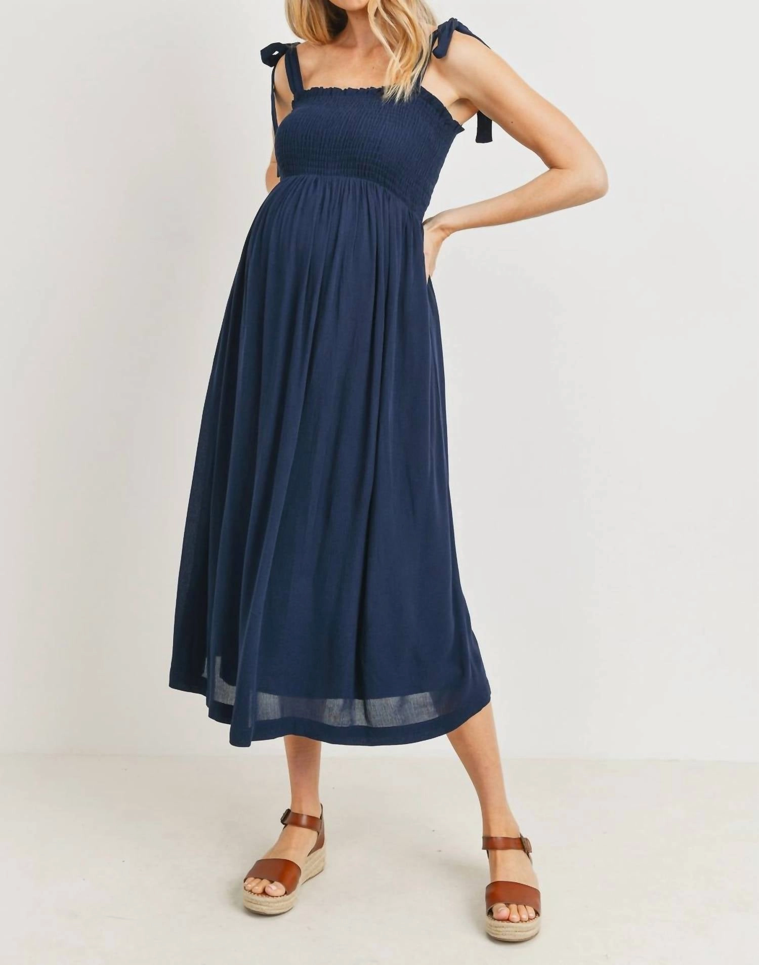 Tie Dress Smocked Maternity Midi Dress In Navy