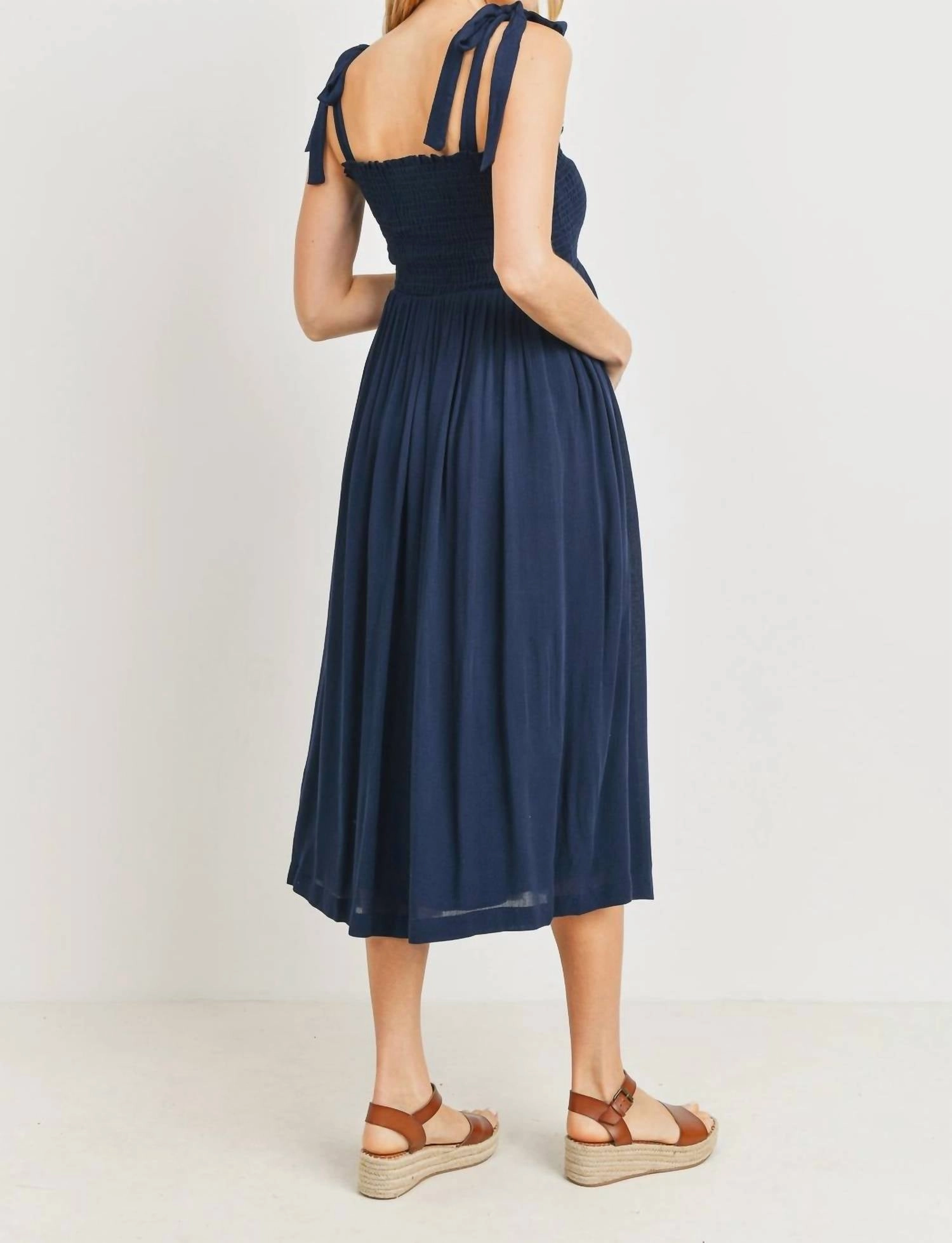 Tie Dress Smocked Maternity Midi Dress In Navy