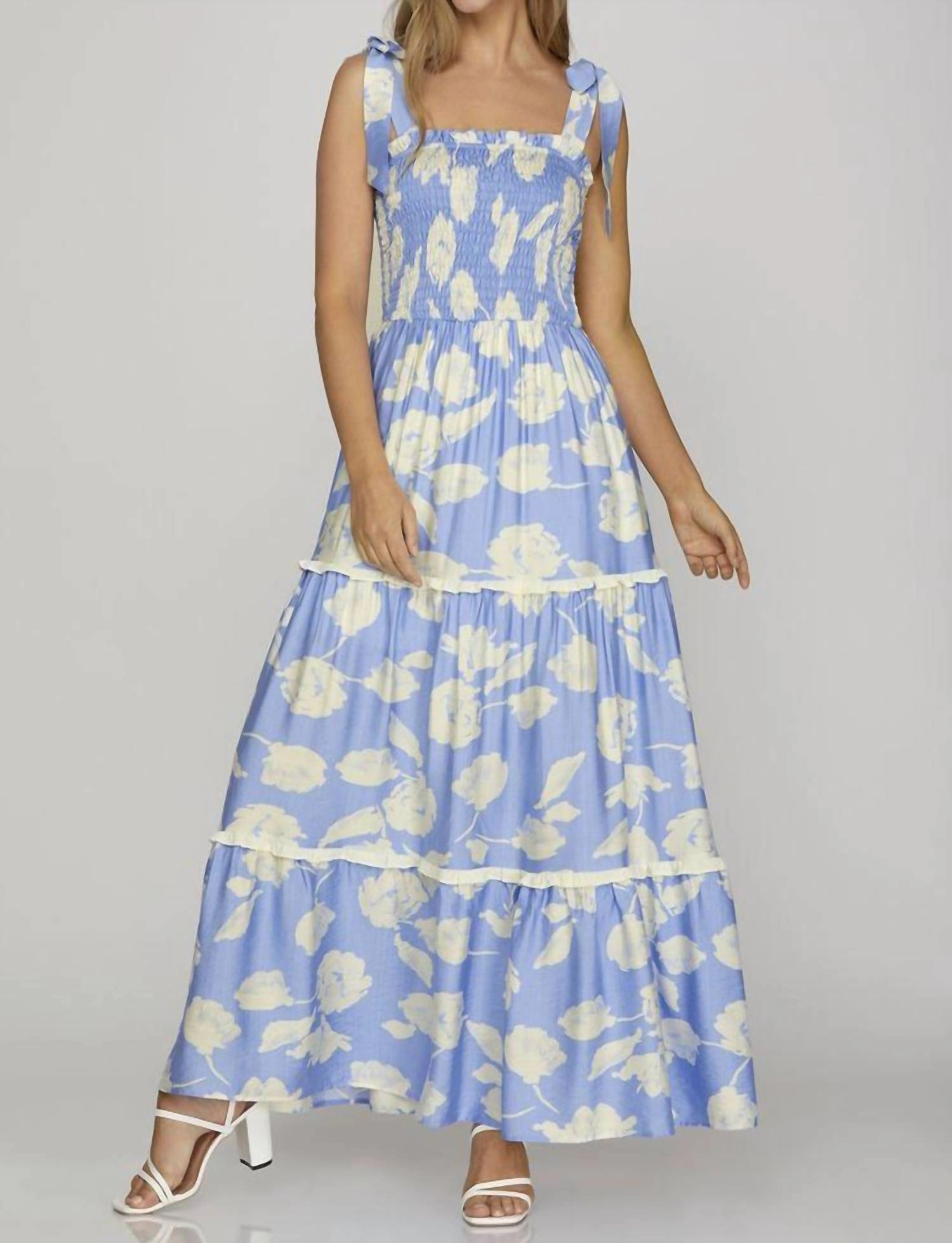 Tiered Maxi Dress With Shoulder Ties In Blue/white