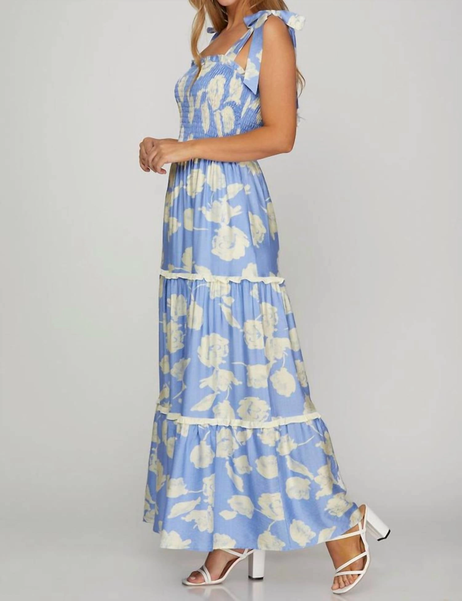 Tiered Maxi Dress With Shoulder Ties In Blue/white