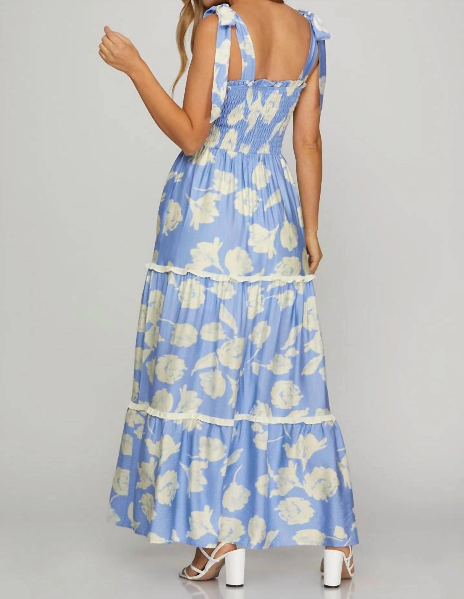 Tiered Maxi Dress With Shoulder Ties In Blue/white