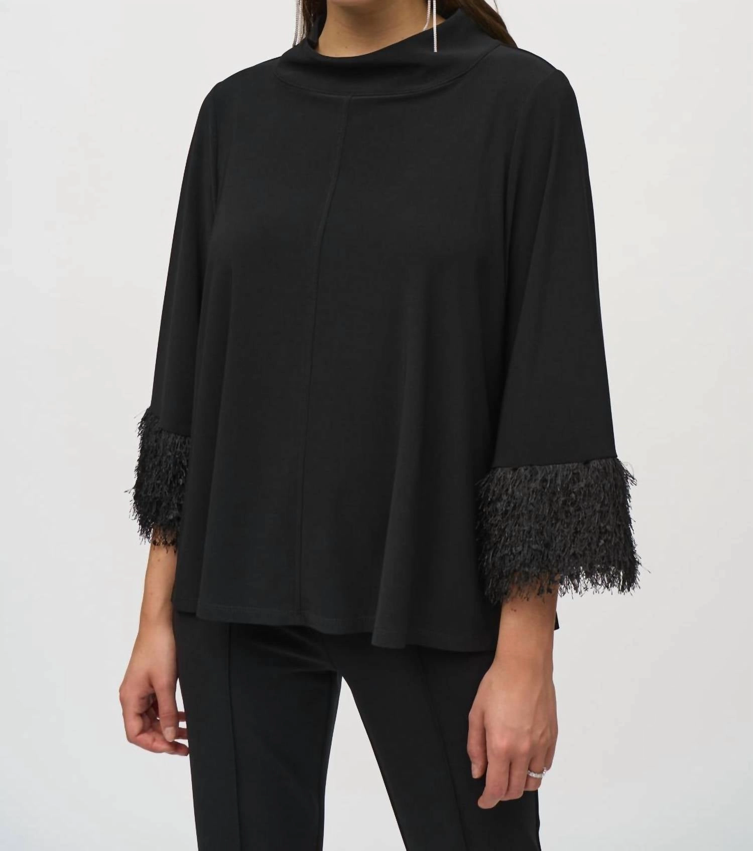 Trapeze Top With Feather Cuffs In Black
