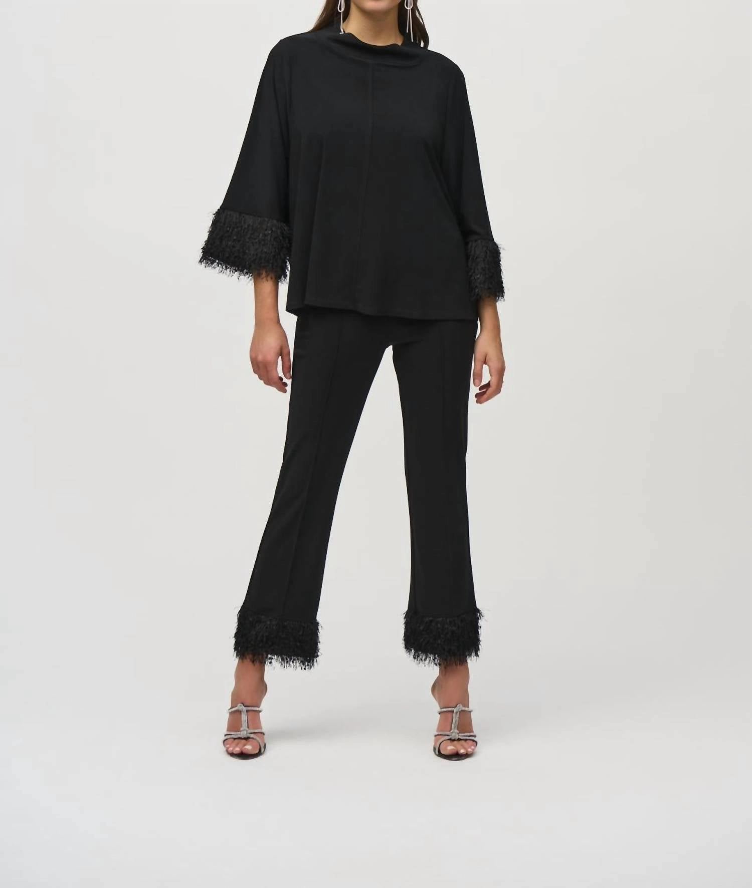 Trapeze Top With Feather Cuffs In Black