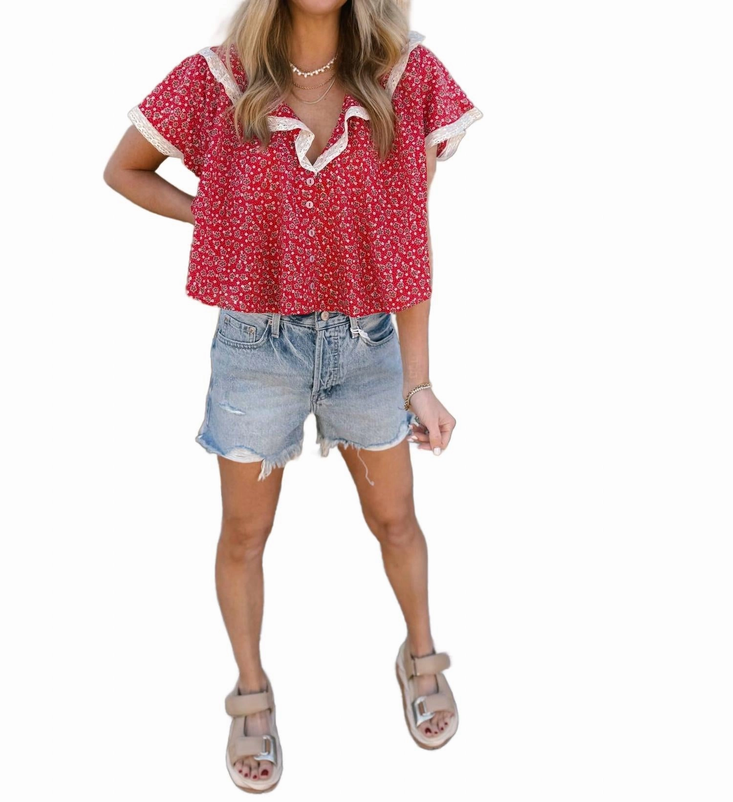Truly Yours Printed Blouse In Vintage Red Combo