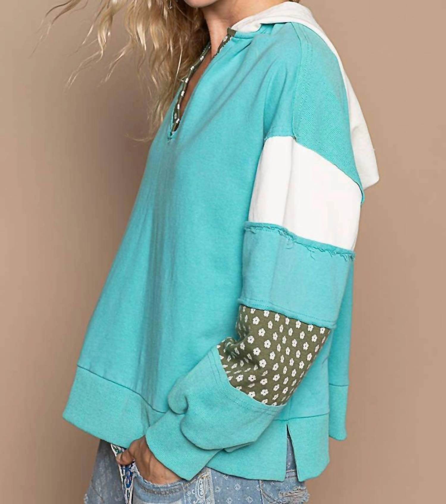 V-Neck Balloon Floral Patch Hoodie In Tiffany Blue