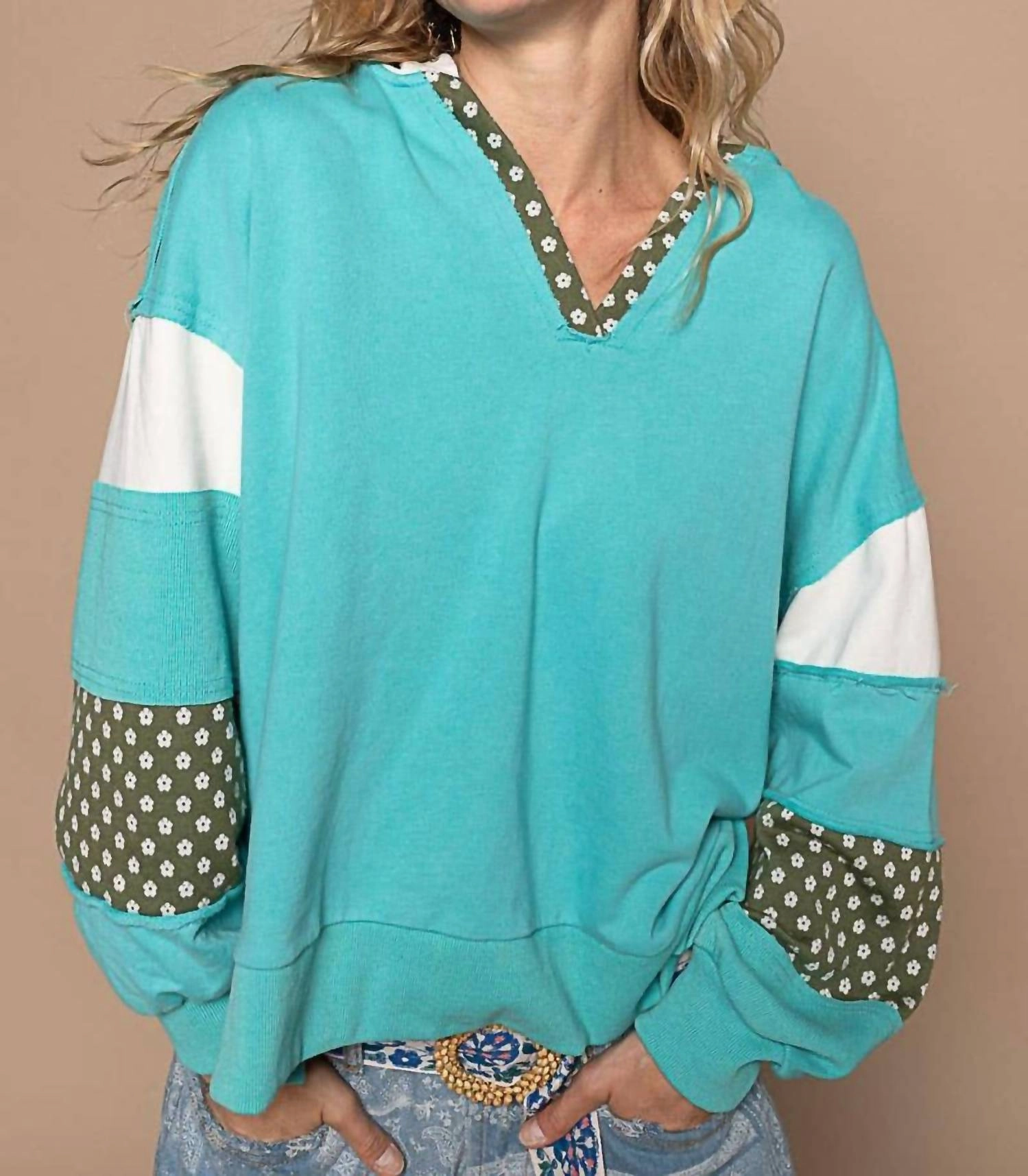 V-Neck Balloon Floral Patch Hoodie In Tiffany Blue