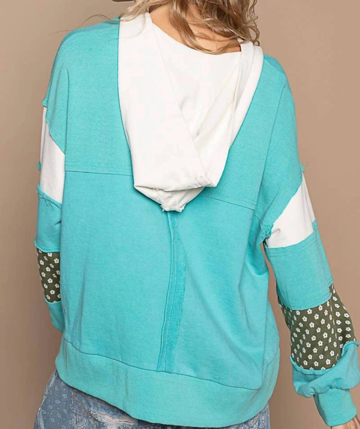 V-Neck Balloon Floral Patch Hoodie In Tiffany Blue