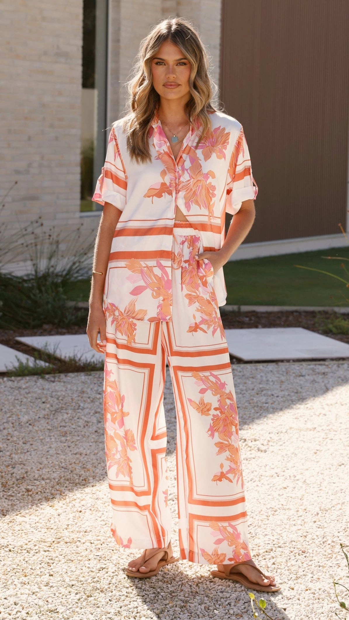 Vallerie Button Up Shirt - Orange/White Print