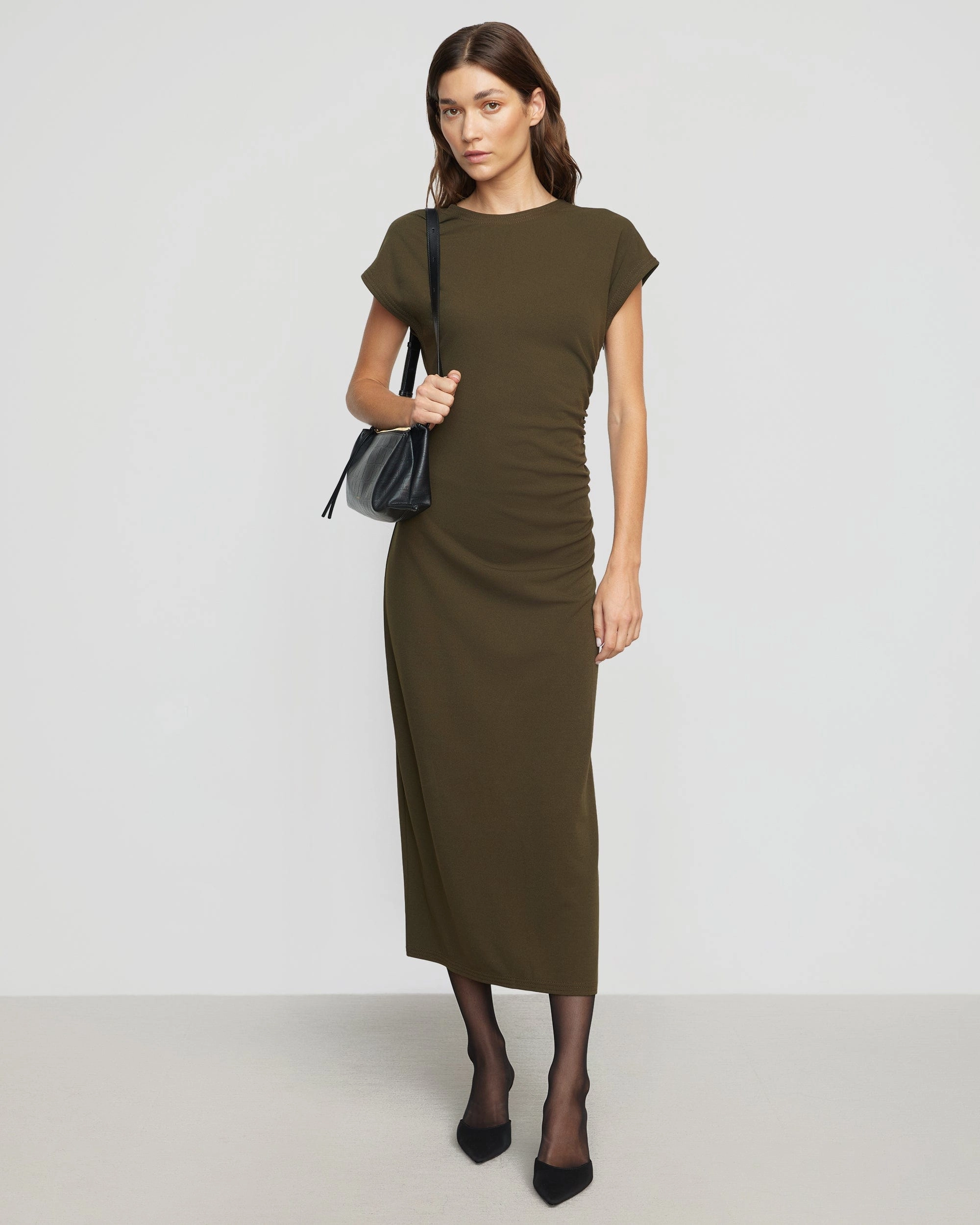 Vela Contrast-Stitch Ruched-Waist Dress