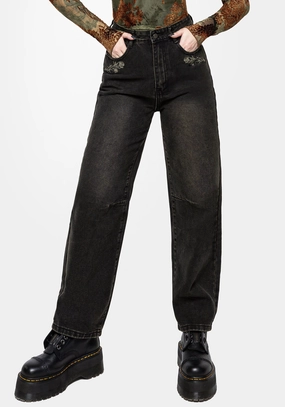 Veltha Floral Embroidered Denim Barrel Leg Jeans Bottoms Womens - women's jeans sale