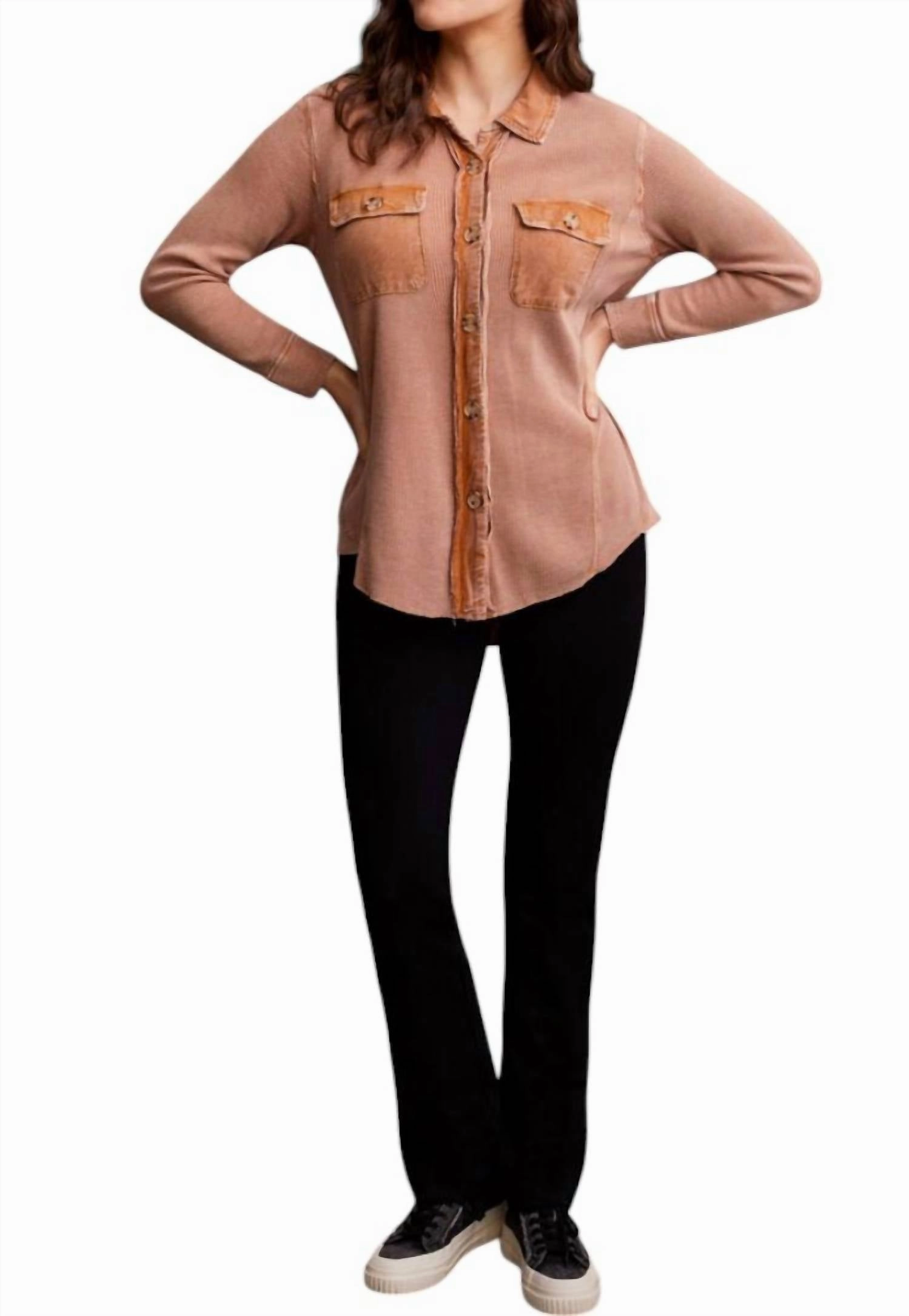 Waffle Button Down Shacket In Almond