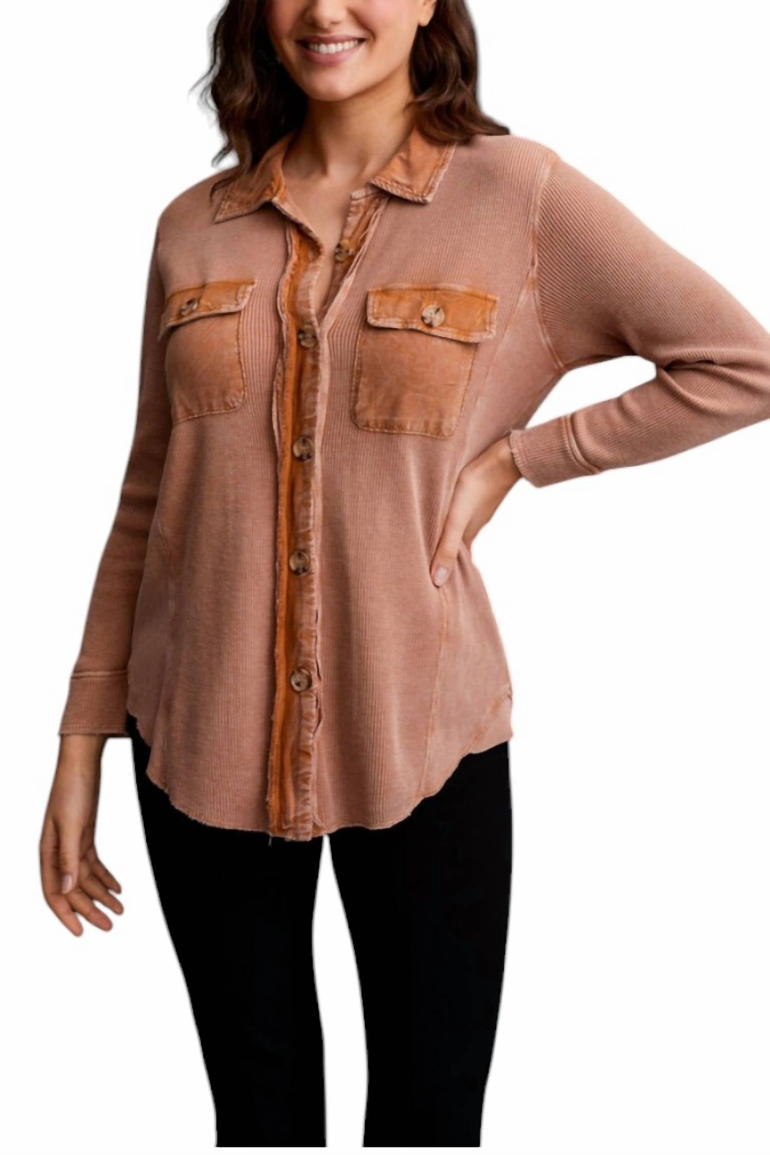 Waffle Button Down Shacket In Almond