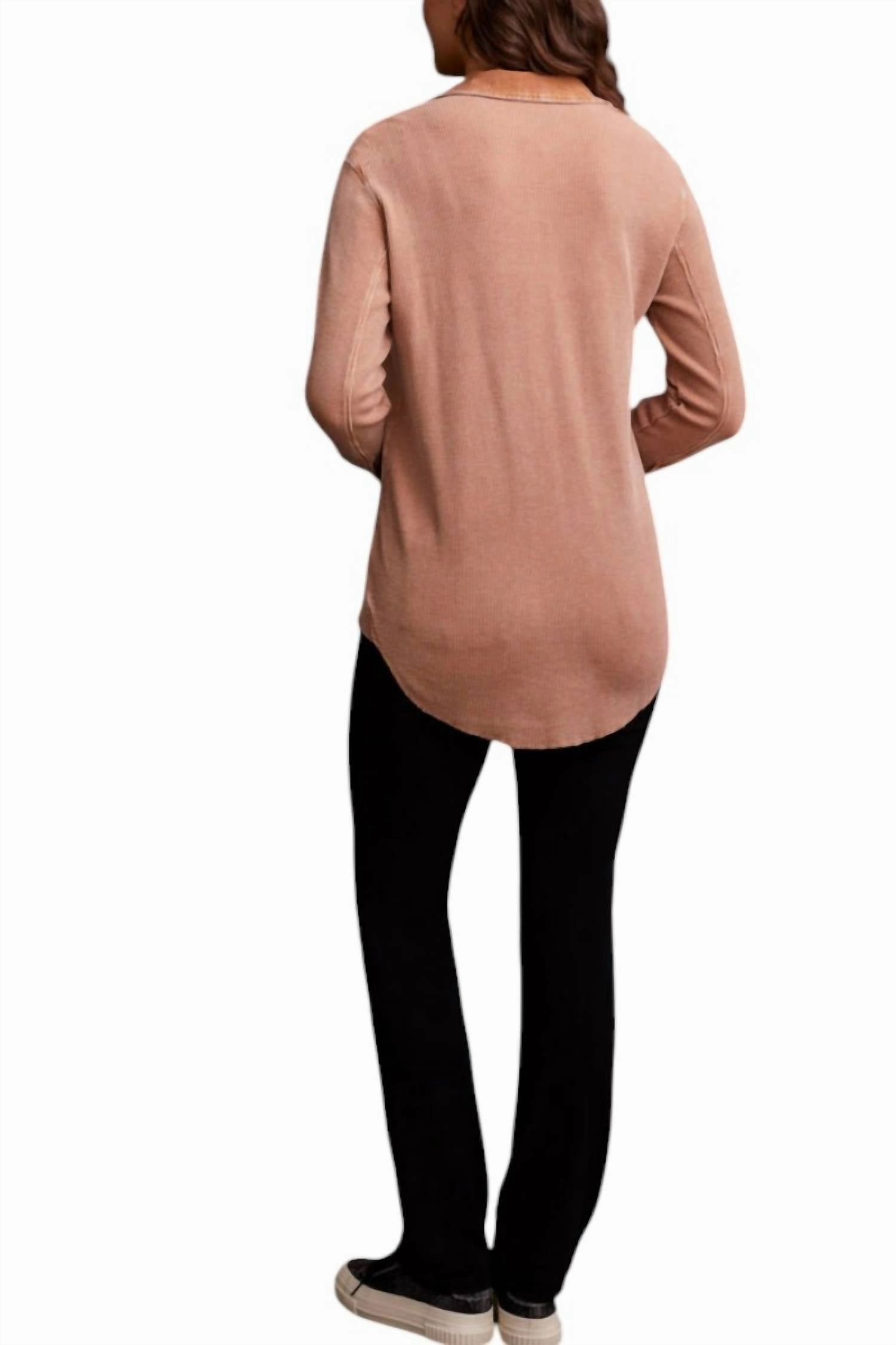 Waffle Button Down Shacket In Almond