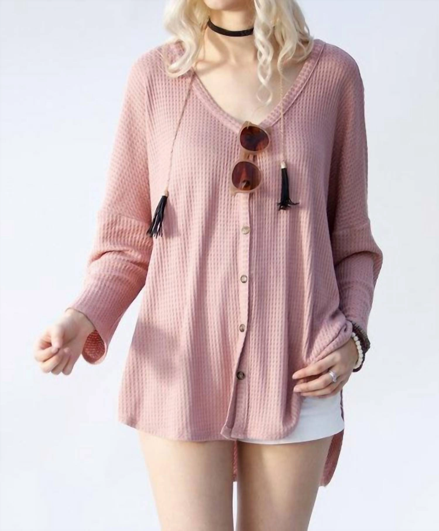 Waffle Knit Long Sleeve Top In Pink