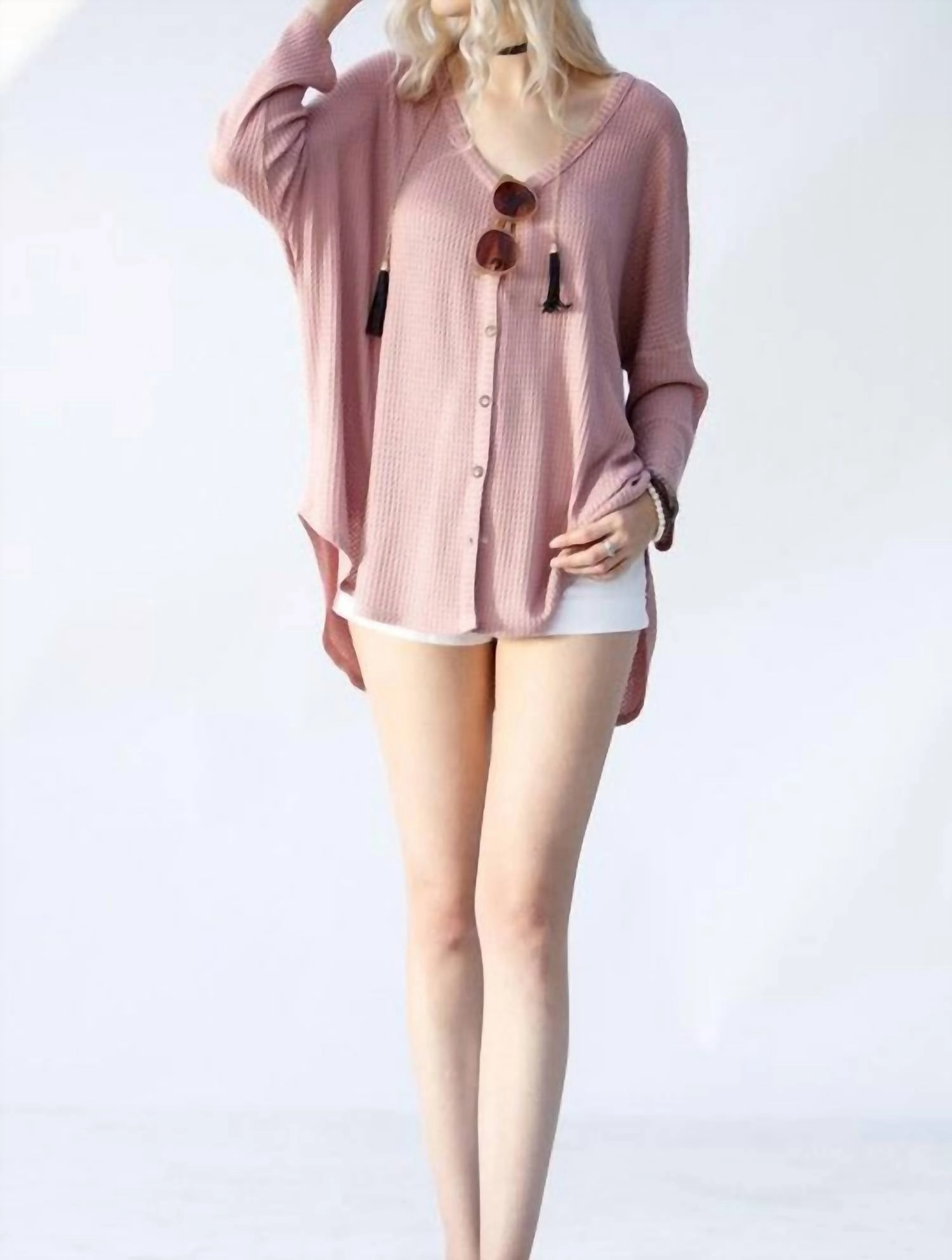 Waffle Knit Long Sleeve Top In Pink