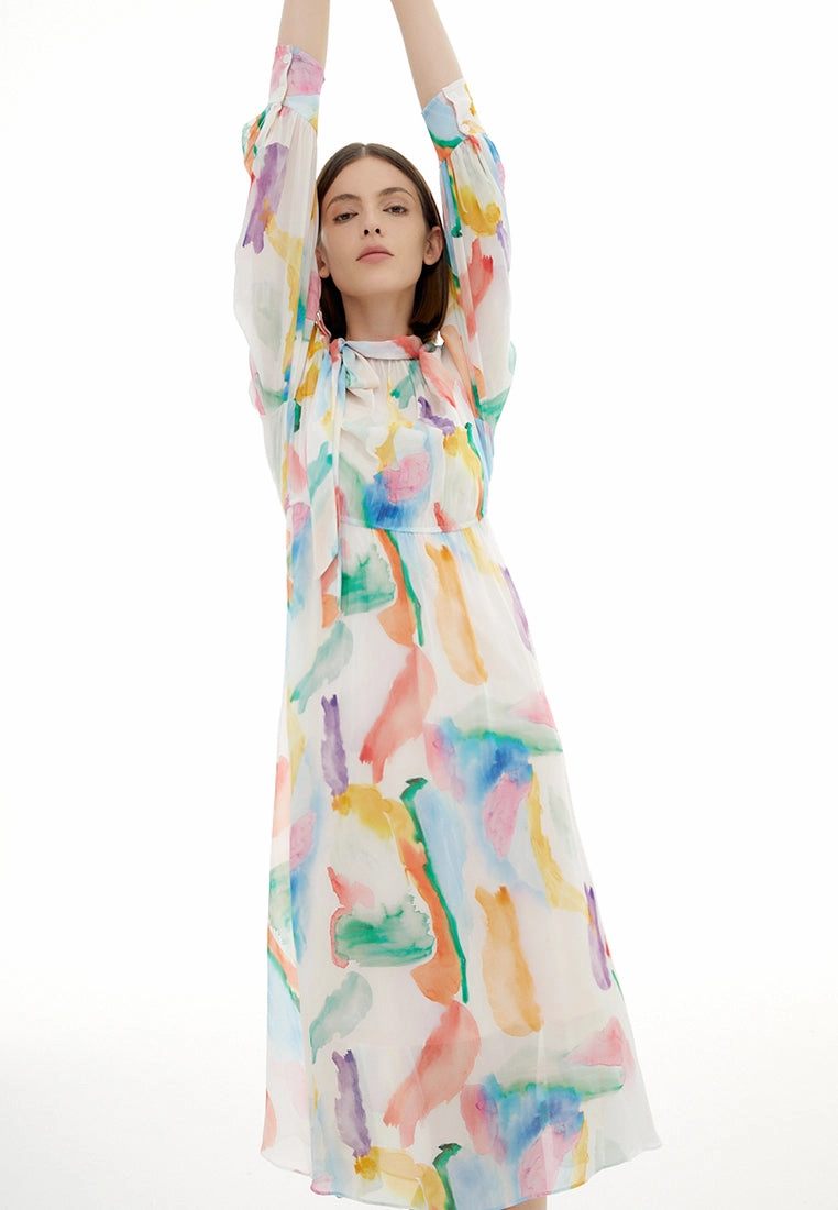 Watercolor Stroke Pussy Bow Collar Dress