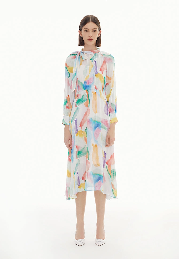 Watercolor Stroke Pussy Bow Collar Dress