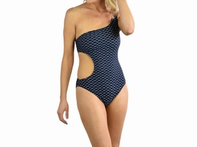 Wave Stretch Jacquard One Shoulder Tank One Piece In Navy/white Swim Womens - scoop neck swimsuits