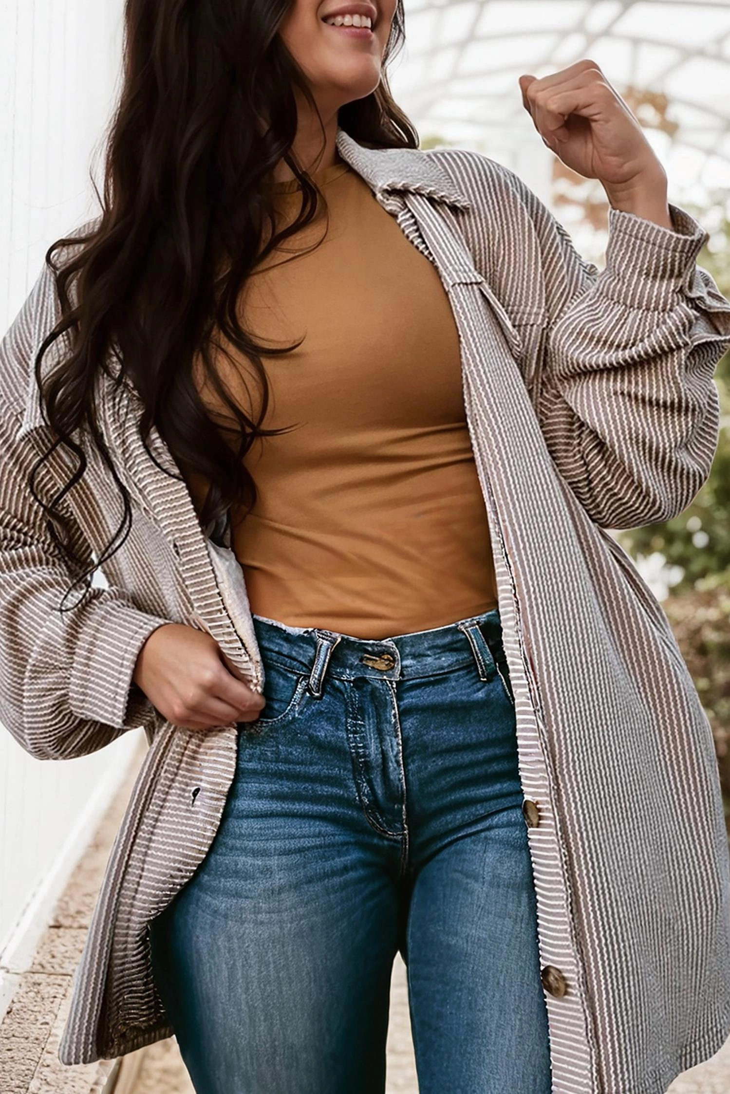 Wavey Textured Button Up - Plus In Brown