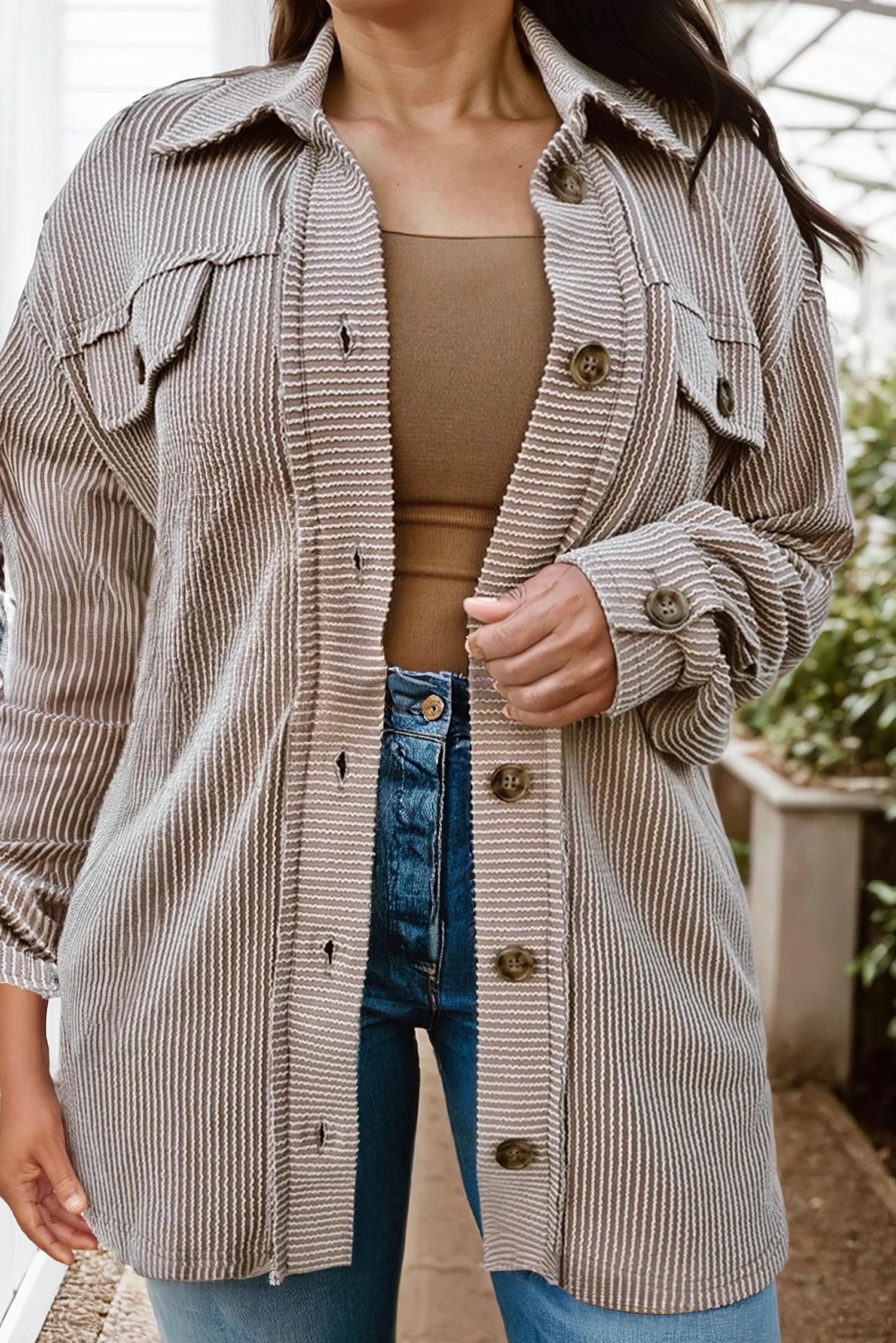 Wavey Textured Button Up - Plus In Brown