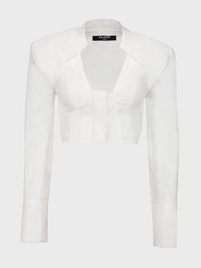 White Cropped Cotton Blouse with Lingerie Cut womens bodysuits promo