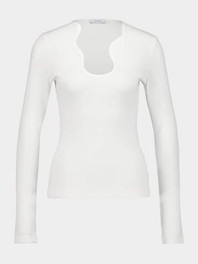 White Ribbed Long-Sleeve Top with Sculpted Neckline womens bodysuits promo