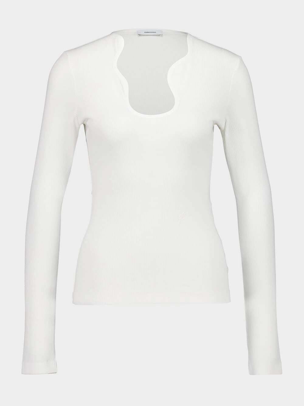 White Ribbed Long-Sleeve Top with Sculpted Neckline womens bodysuits promo
