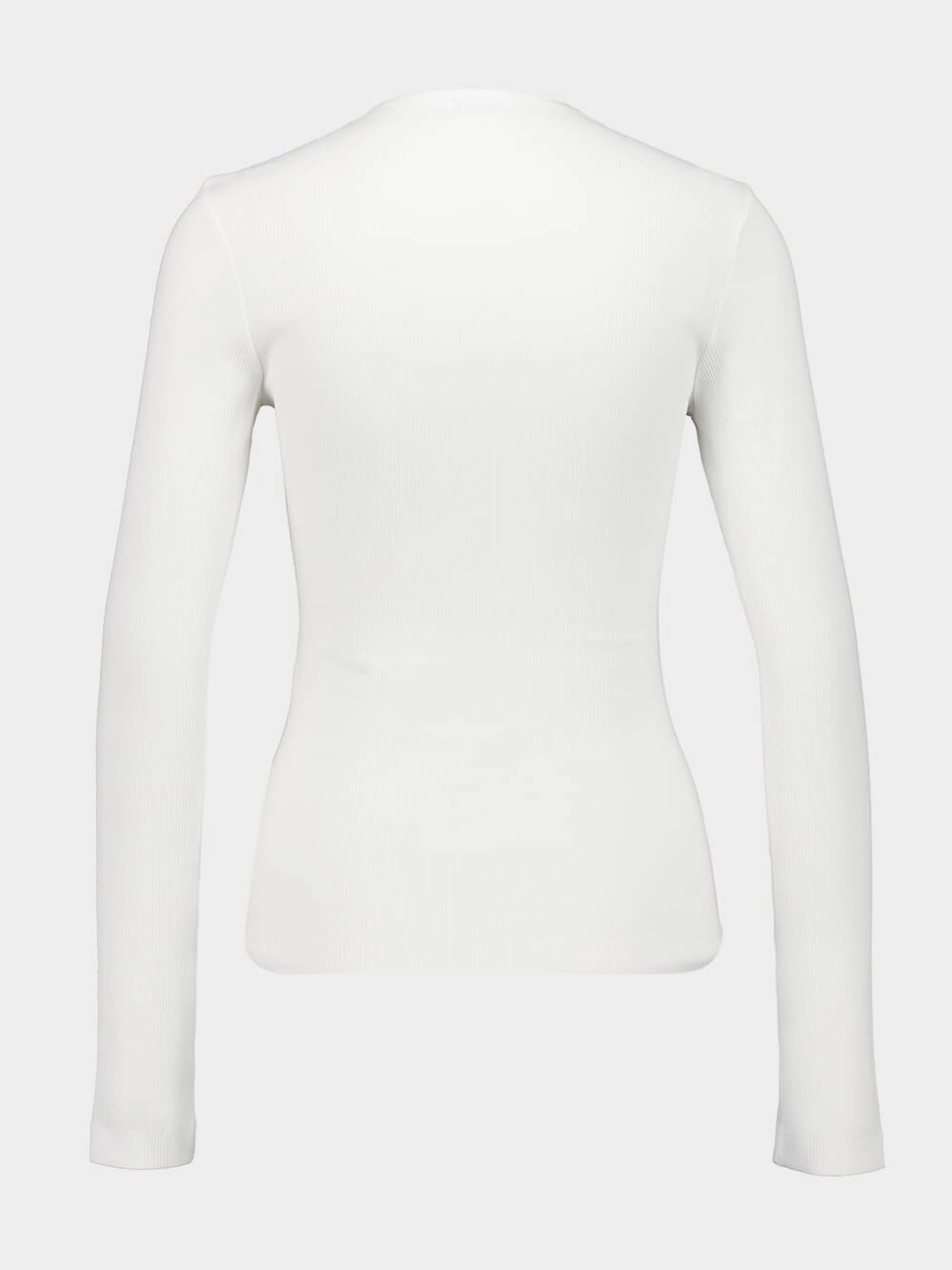 White Ribbed Long-Sleeve Top with Sculpted Neckline