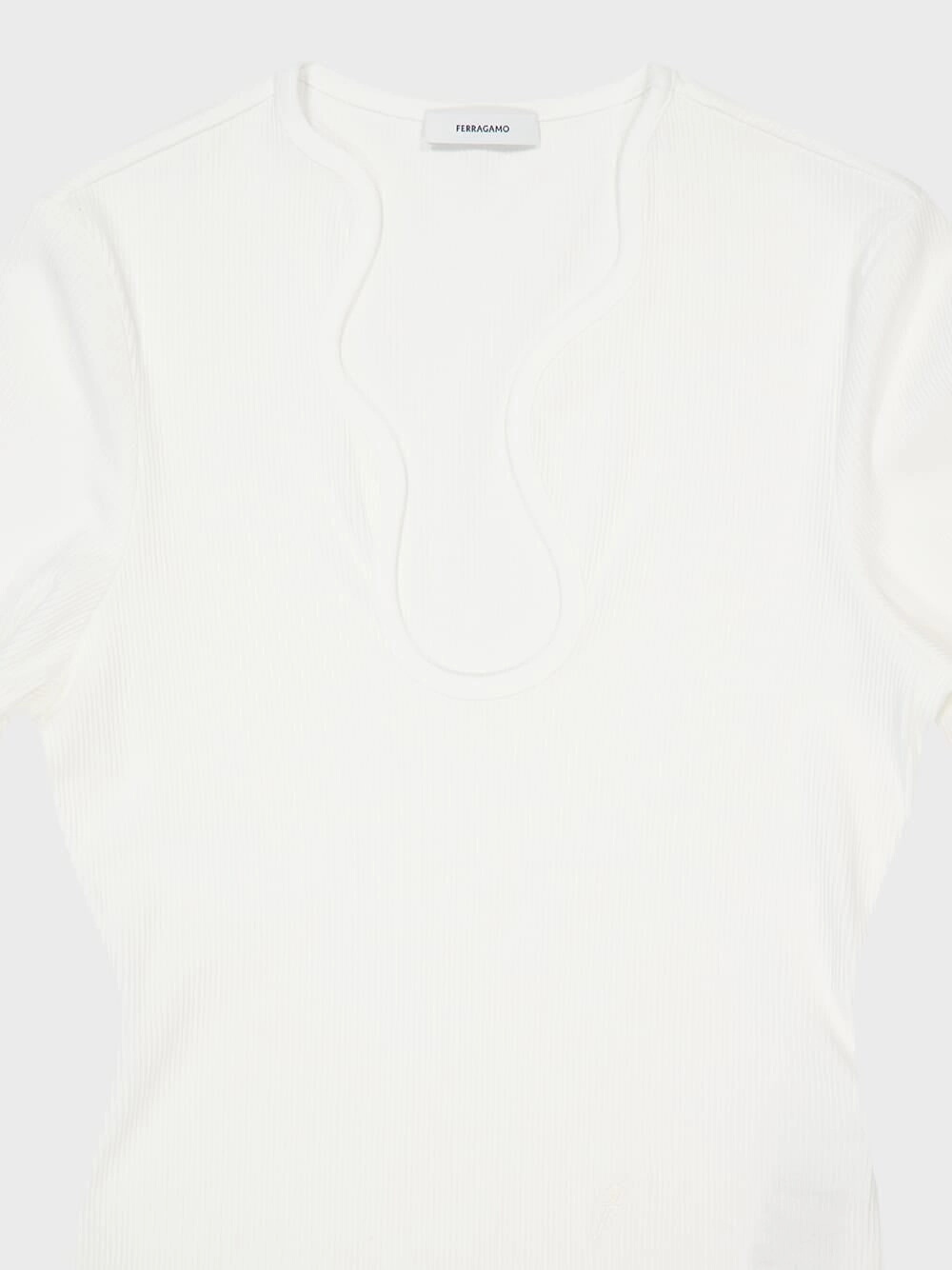 White Ribbed Long-Sleeve Top with Sculpted Neckline