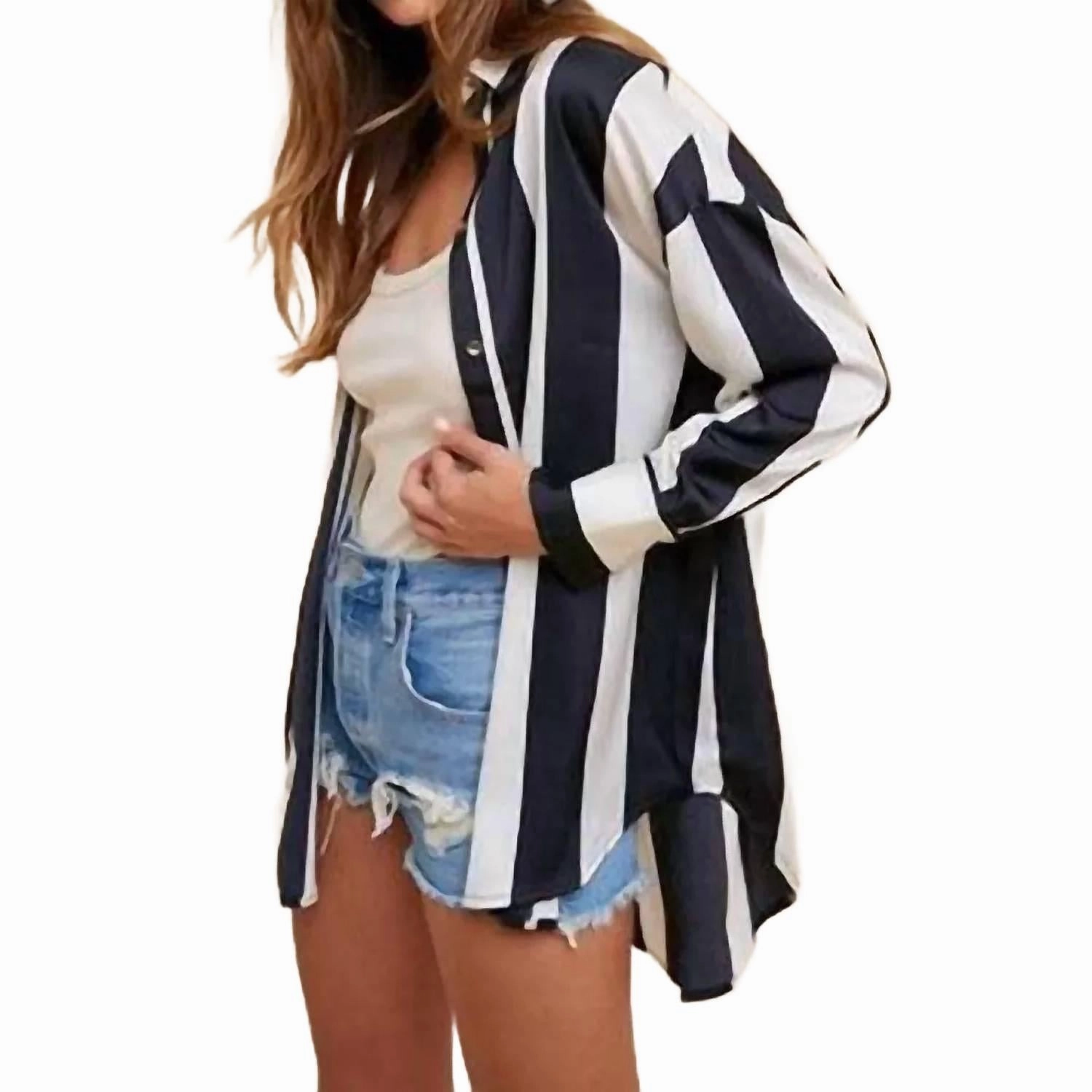 Wide Striped Satin Effect Relaxed Fit Woven Blouse In Black/ivory