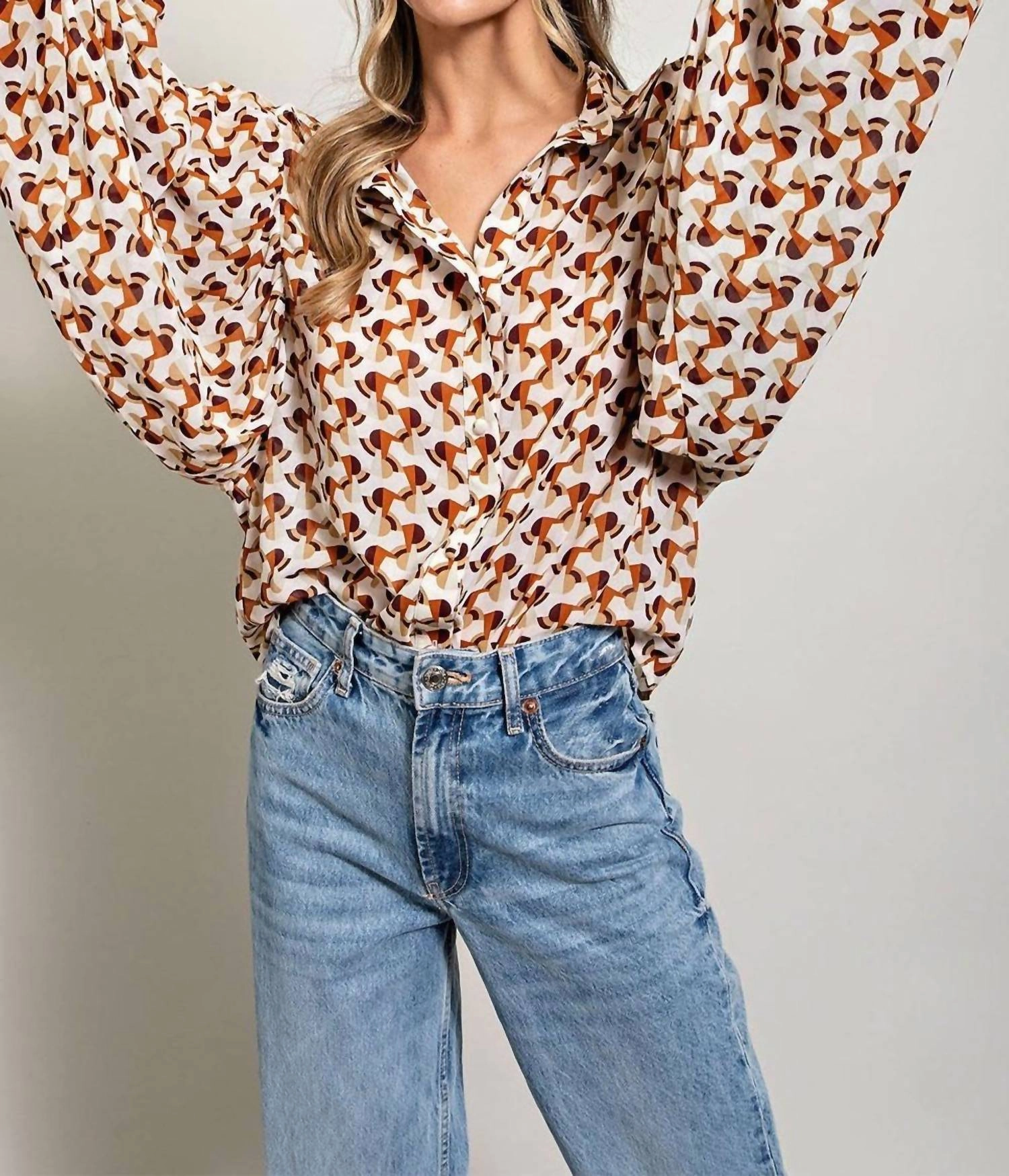 Women's Geometric Printed Button Down Bubble Sleeve Top In Terracotta