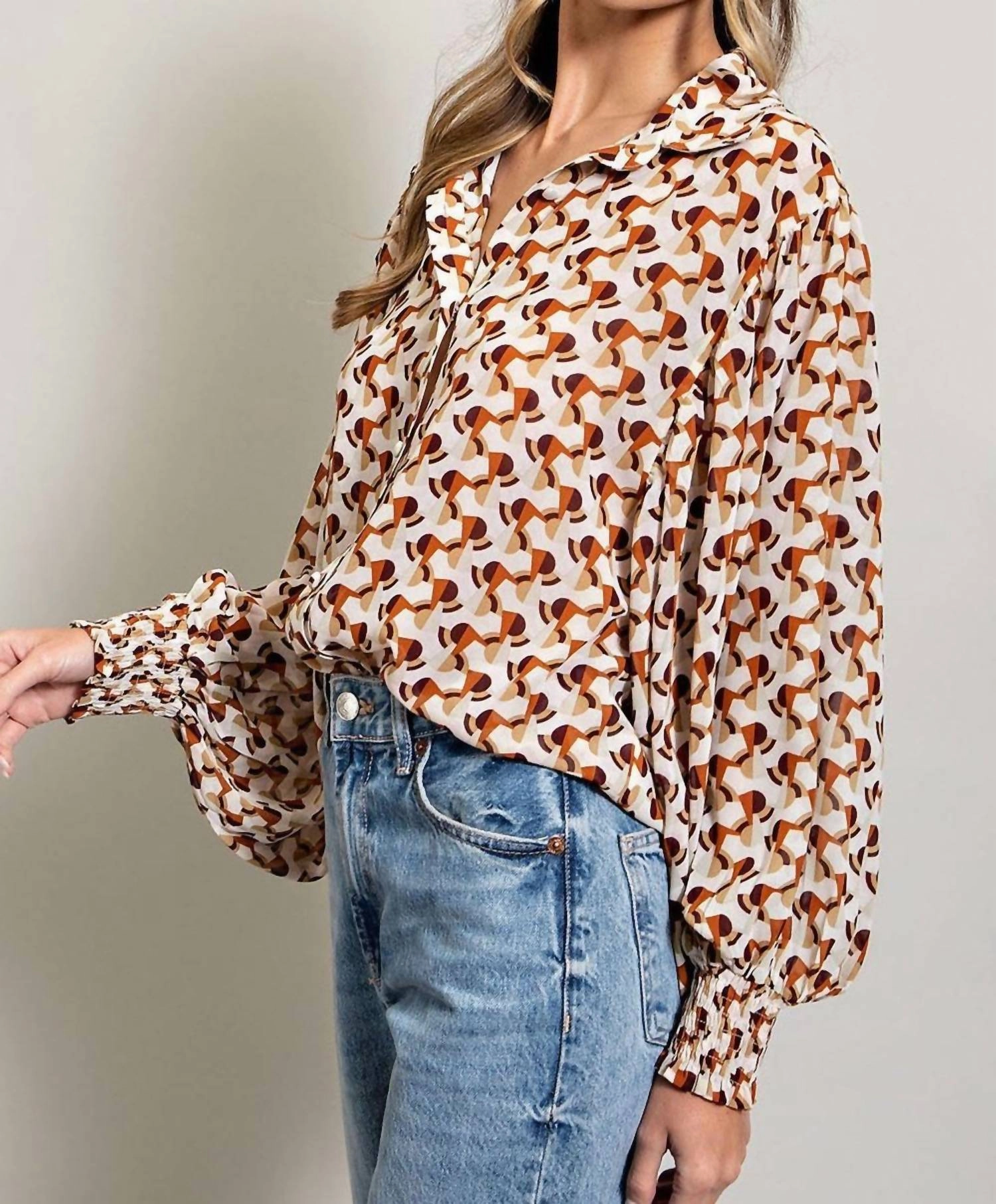 Women's Geometric Printed Button Down Bubble Sleeve Top In Terracotta