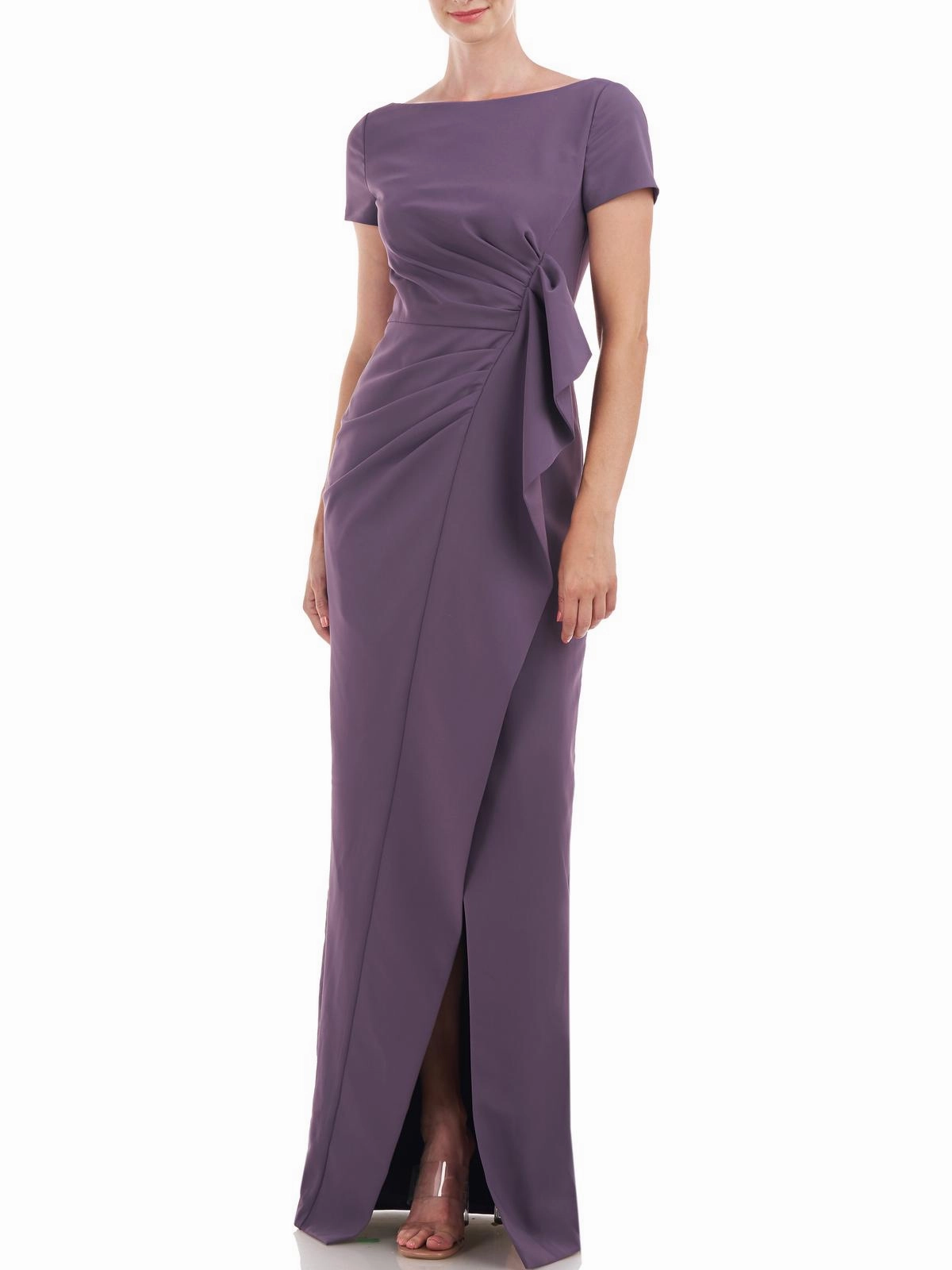 Womens Cascade Ruffle Column Evening Dress